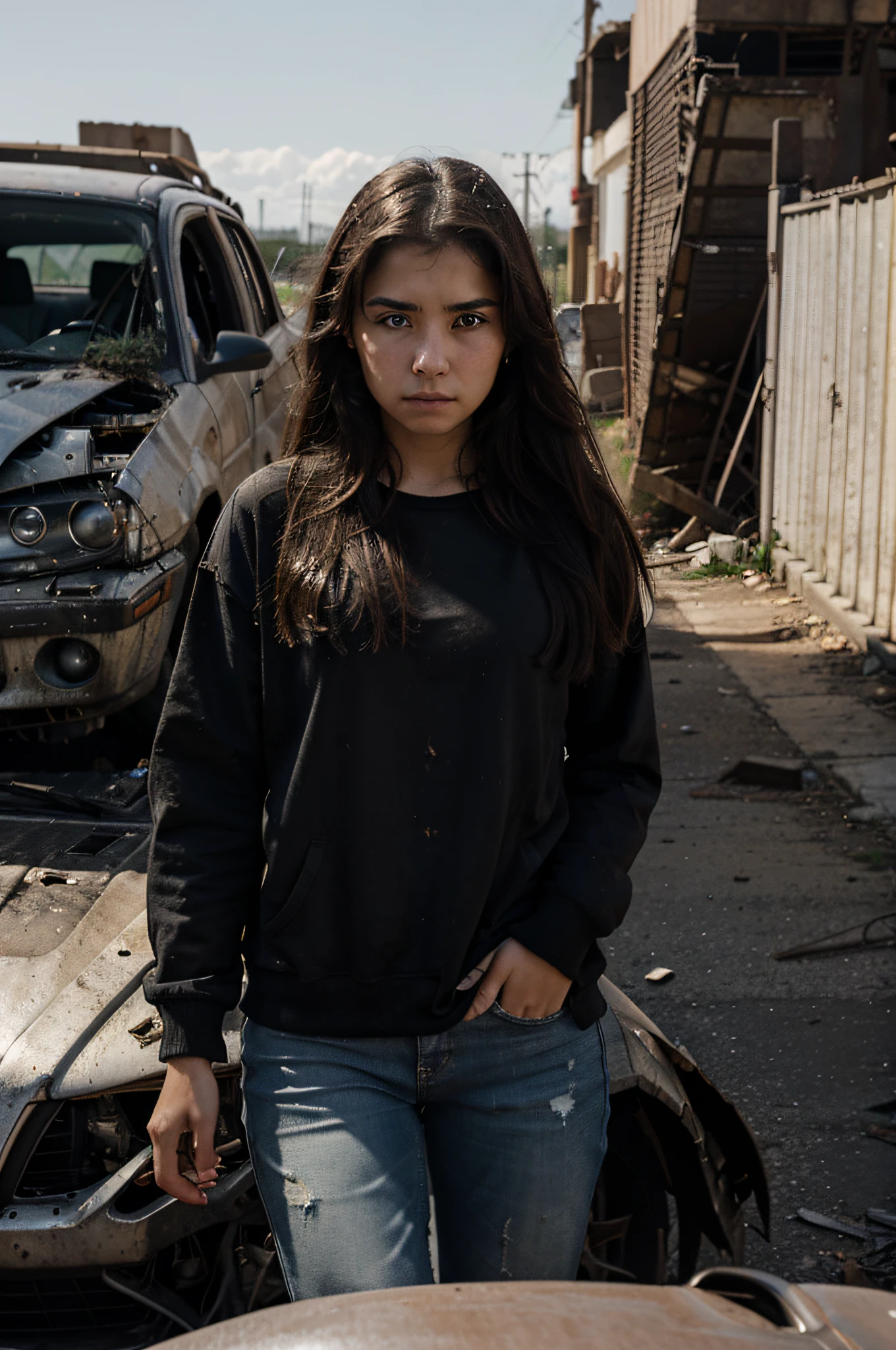 a 20 year old girl with a sad face, wrecked car in the background, high definition, cinematic