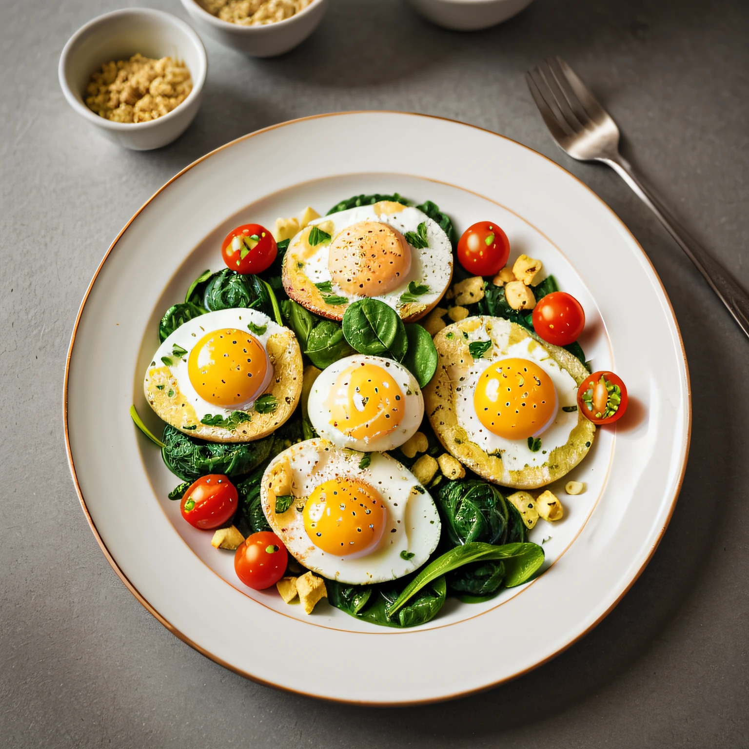 RAW photo, Scrambled eggs with spinach and tomatoes, foodphoto, professional colour grading, soft shadows, no contrast, clean sharp focus, foodphoto,