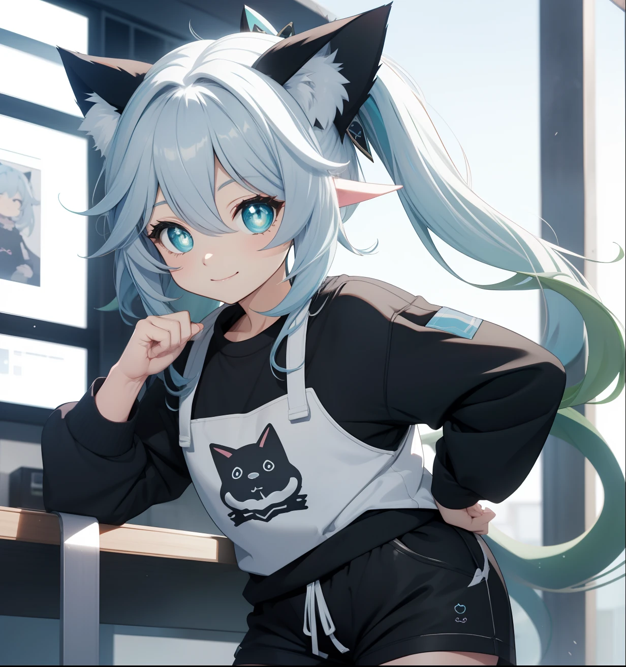 Genshin impact, Girl, Cyan Hair, Cat ears, cute, perfect smile, perfect hands, perfect eyes, cyan eyes, black pullover with white outlines and black shorts, Cyan fluffy cat tail