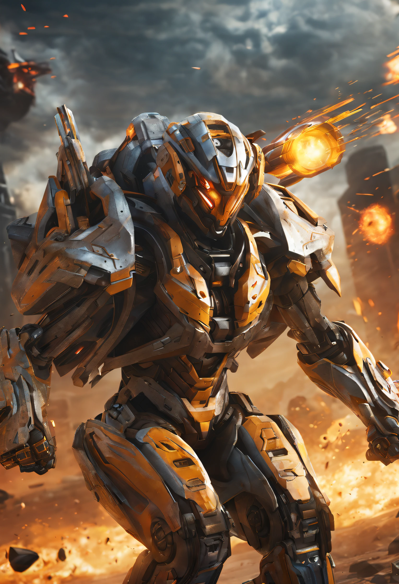 (best quality,highres,masterpiece:1.2),ultra-detailed,(realistic:1.37),fierce eyes,mechanical armor,action-packed scene,explosions,sci-fi setting,[powerful],vivid colors,highlighted by studio lighting,sharp focus,physically-based rendering,mecha-girl,dominating battlefield,heroic,advanced weaponry,hovering in mid-air,cybernetic enhancements,glowing energy weapon,fluid and dynamic movement,background destruction and chaos,combat expertise and agility,commanding presence,gleaming metal plates,imposing stature,technologically advanced gadgets,in the midst of intense battle,blur of motion,heroic stance,defying gravity,unstoppable force,mysterious aura,astounding power capabilities,striking visuals,seamlessly integrated with the futuristic landscape.