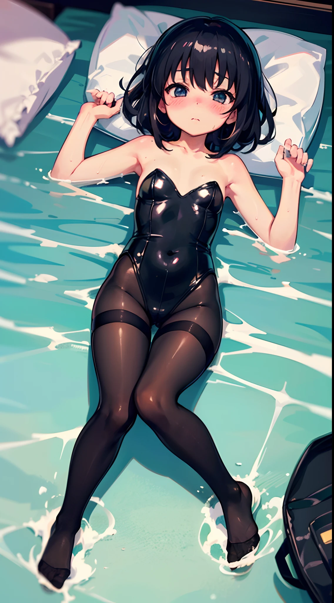 A was lying on the bed,loli,Black ,((leotard)),black lence stockings,No shoes,Blush,Soaked,Anime style,Best quality,8K