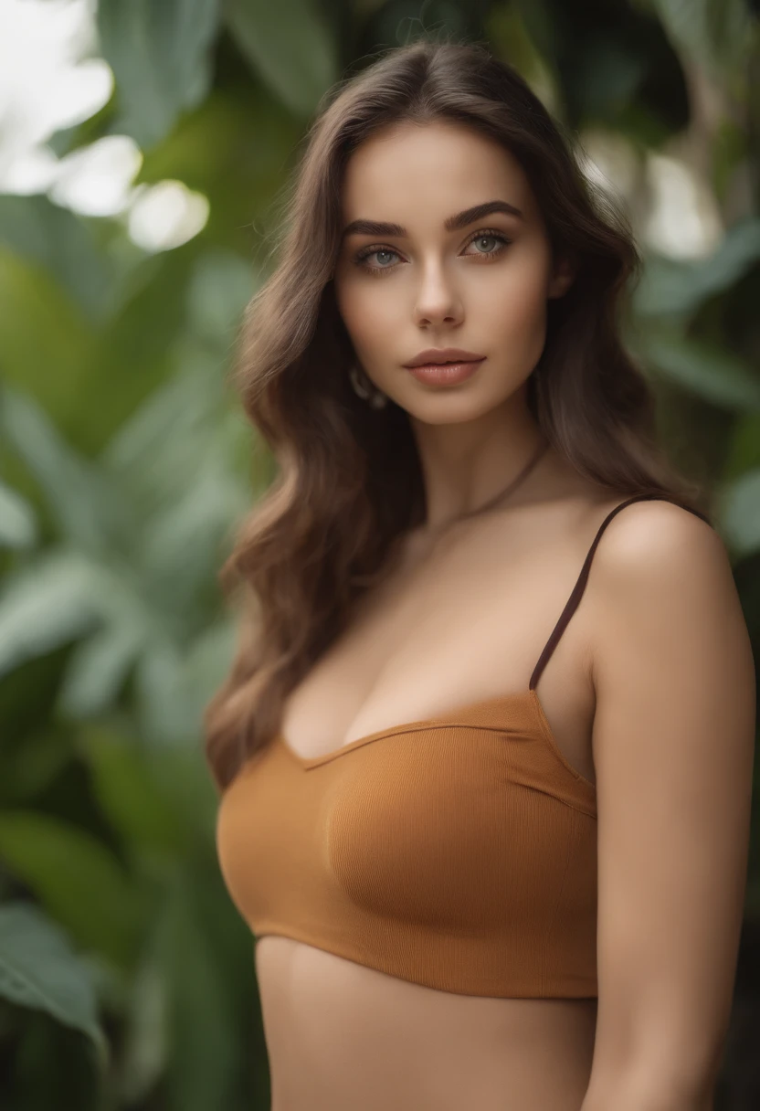 arafed woman with large breasts, sexy girl with green eyes, portrait sophie mudd, brown hair and large eyes, selfie of a young woman, violet myers, without makeup, natural makeup, face with artgram, subtle makeup,piercing green eyes, beautiful angle, brunette goddess, high detail, sexy pose, bali, spa day