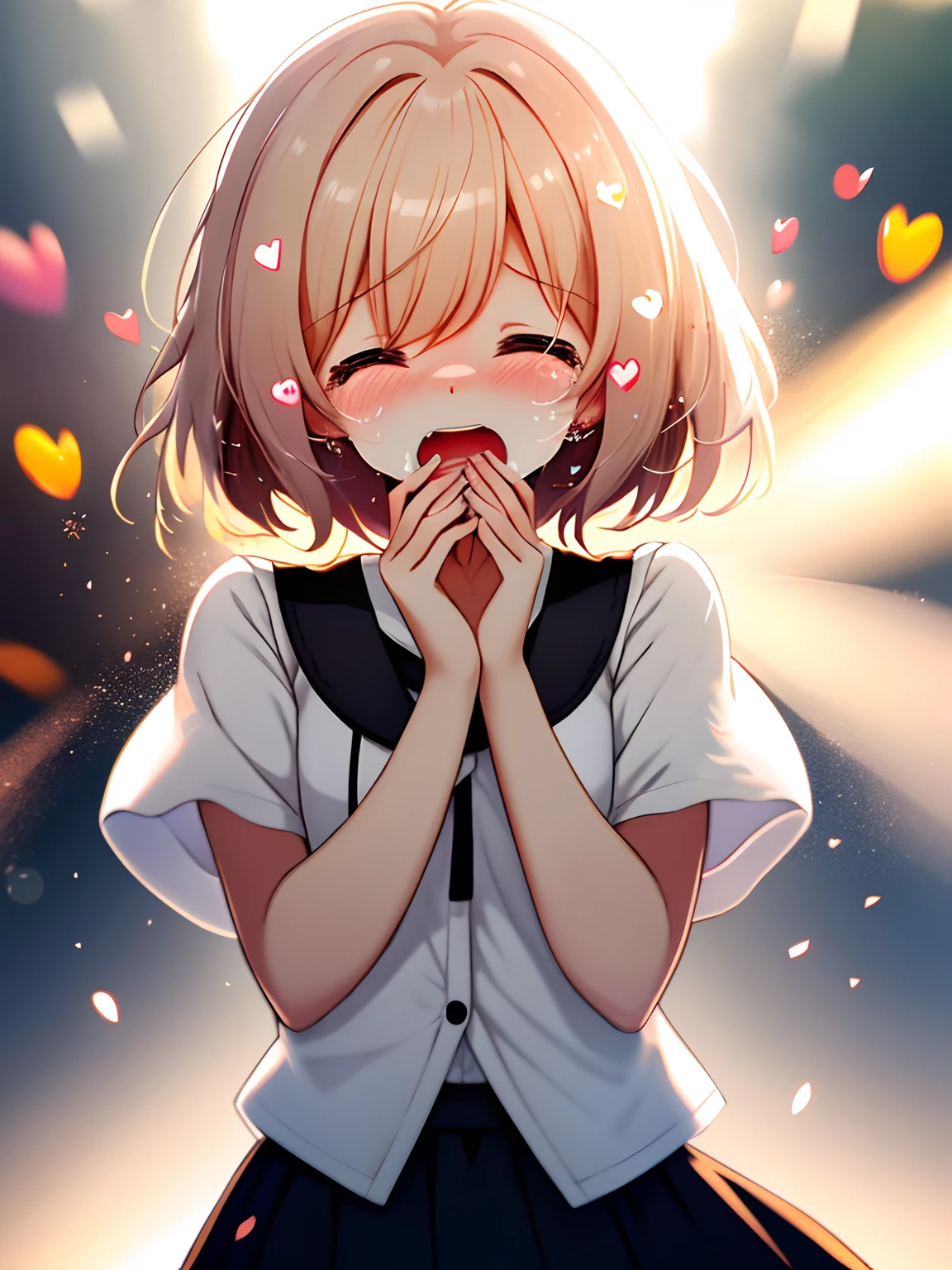 girl with, Wearing a short-sleeved skirt, Upper body, (cry: 1.1), (Open eyes: 1.2), Bright light, Background bokeh, depth of fields, Blurred background, light Particle, strong breeze, (Heart particles: 1.1)