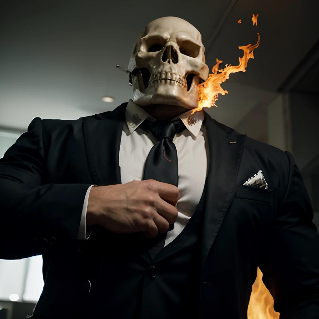 Ghost rider , muscled with huge pecs , hugge torso , huge arms , with a skull head like  with fire , in suit with a tie ans spikes