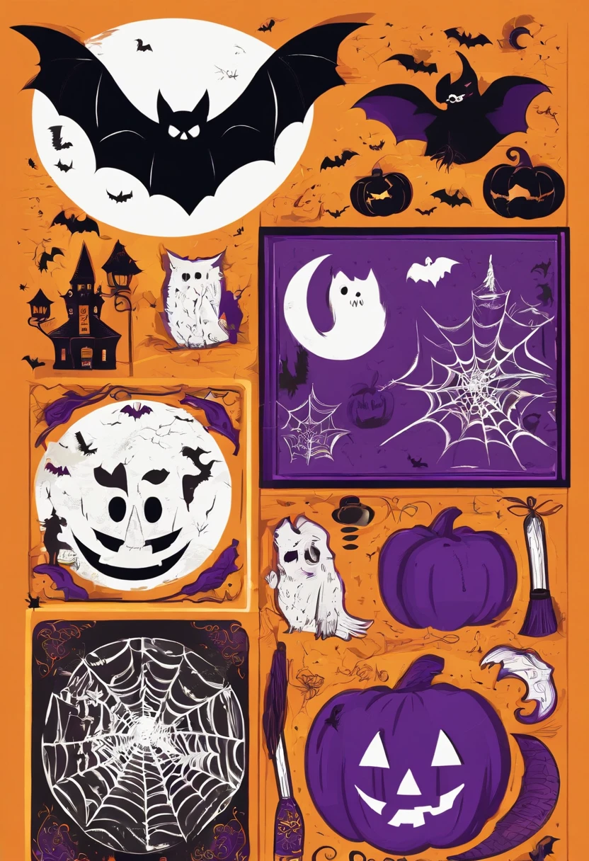 Halloween Elements, Digital Art: Black bat, Spooky pumpkin ghost, Spooky Moon, Ghost Broom, Purple Line Witch Talking Hat, Spider with yellow and black stripes, Witch's Castle, Magic black background, Minimalistic images with exclusive sticker illustrations