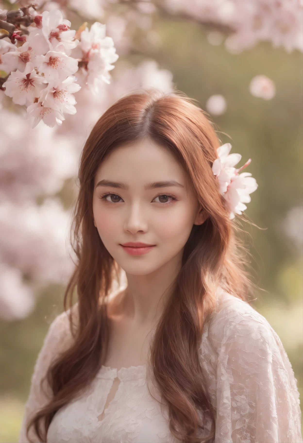 (Best Quality, High resolution, Photorealistic:1.37), Ultra-detailed, Beautiful detailed eyes, Beautiful detailed lips, extremely detailed eye and face, long eyelashes, mideum breasts: Illustration, cherryblossom, pink sleeves, Pink stockings, Pink tones, Shy smile, Blushing face, Sitting in the crack, Pink sky, Sunset, lake, reflection