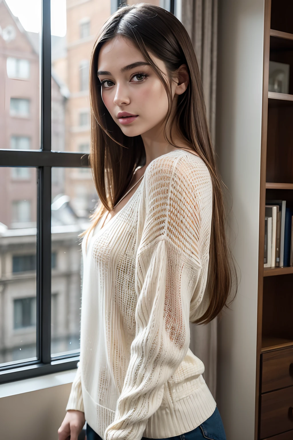 masutepiece, Photorealsitic, Best Quality, intricate and delicate, 8k wallpaper, top-quality, masterpiece, realisitic, ultra-detailliert, 1girl in, Sheer knitted V-neck sweater, straight haired, Look at viewers