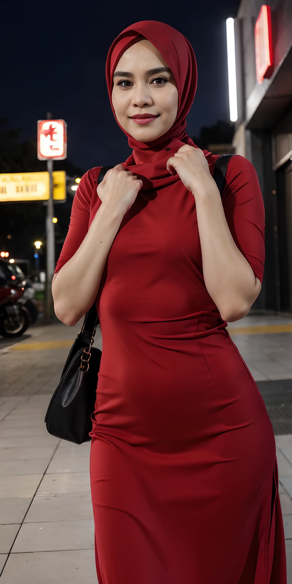 1 matured 45 years old malay women in hijab wear wet backless dress, milf, sexy milf, seducing, raining, crowded kuala lumpur street, nighttime, neon city lights, upper body,close-up, seducing, hand on hip, camel toe, beer belly, sexy pose, (8k, RAW photo, best quality, masterpiece:1.2),(realistic, photo-realistic:1.37), 8k