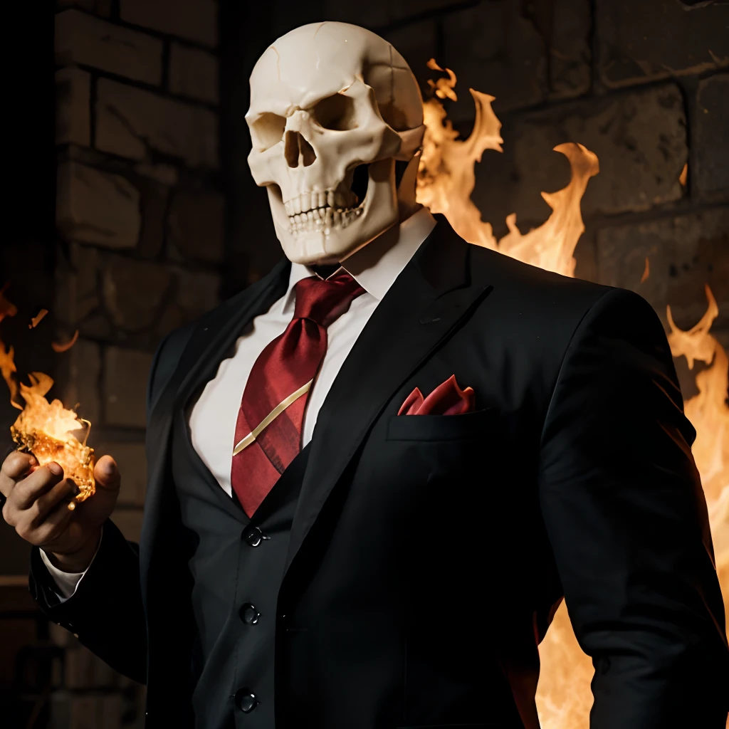 Ghost rider , muscled with huge pecs , hugge torso , huge arms , with a skull head like with fire , in suit with a tie ans spikes