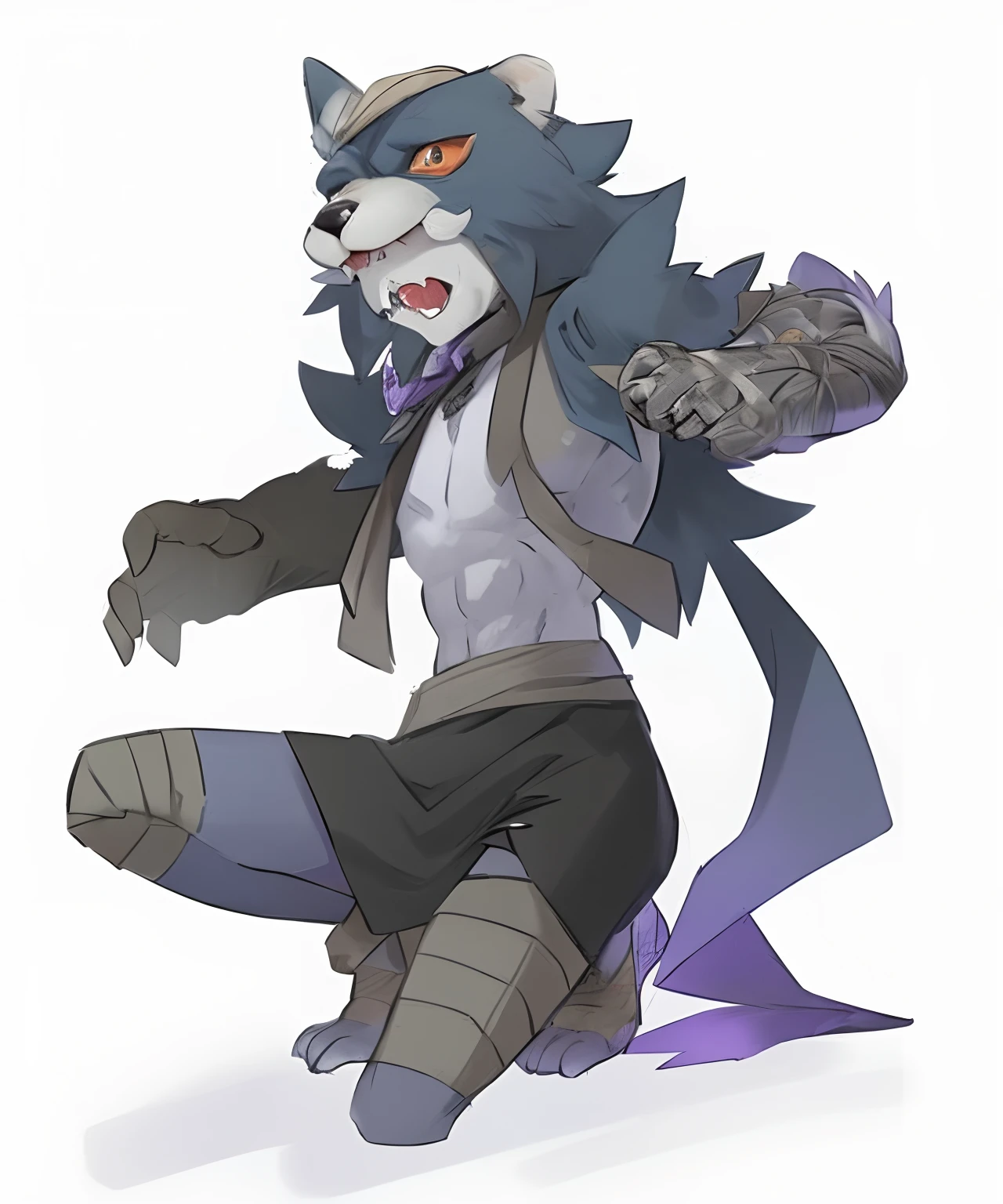 a close up of a cartoon character with a cat like face, wolf o'donnell, as a badass monster hunter, an anthro wolf, gnoll, an anthropomorphic wolf, anthropomorphic wolf male, koda kazuma, muscular werewolf, from cryptid academia, kemono, anthropomorphic wolf, badass pose