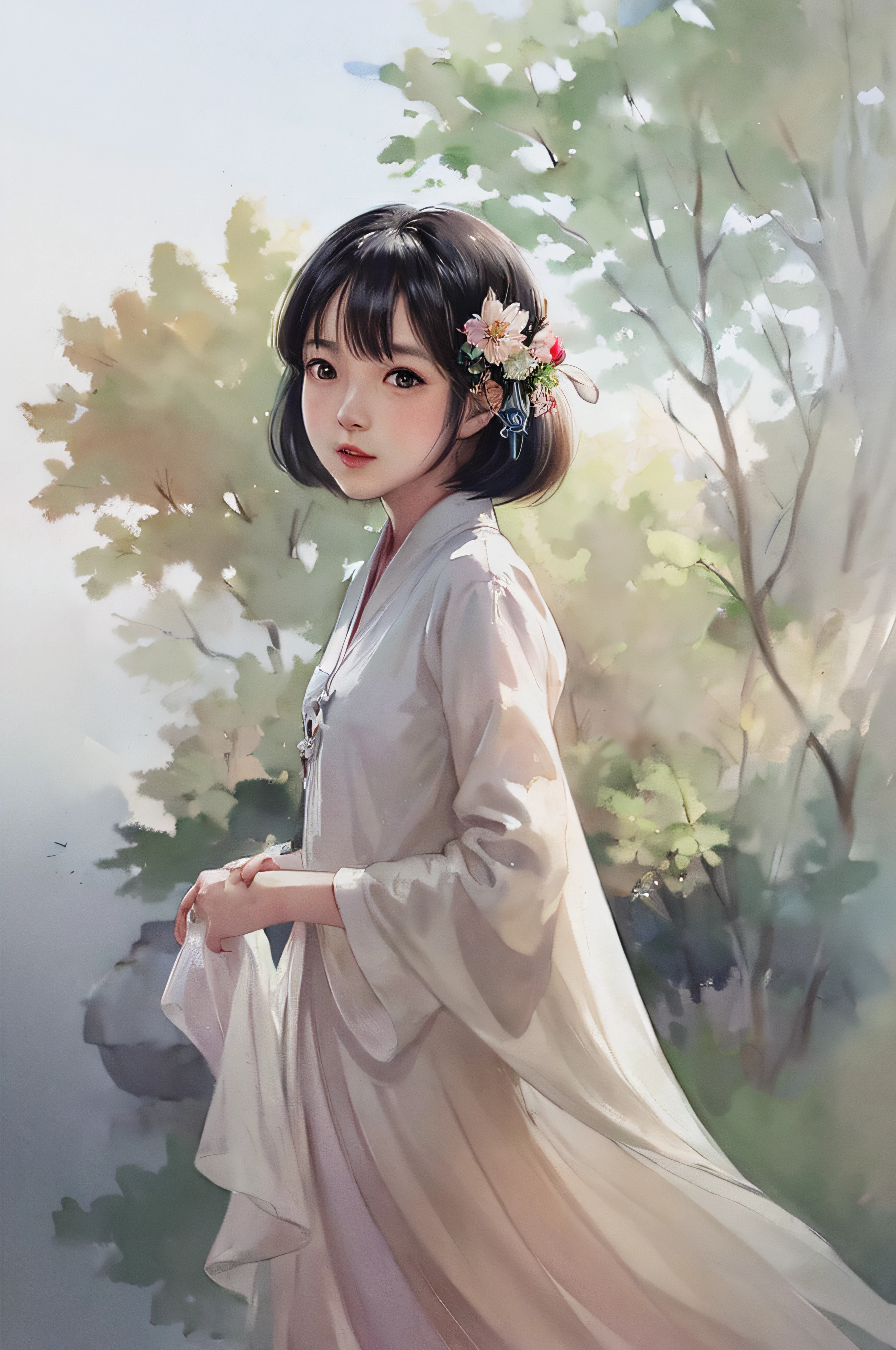 stechu,(white background:1.4), ((tachi-e)), original,(illustration:1.1),(best quality),(masterpiece:1.1),(extremely detailed CG unity 8k wallpaper:1.1), (colorful:0.9),(panorama shot:1.4),(solo:1.2), (ink splashing),(color splashing),((watercolor)), clear sharp focus,{ 1girl standing },((korean style )),flower background,outdoors,rocks, looking at viewer, make happy expressions,soft smile,pure,beautyfull detailed face and eyes,beautyfull intricacy clothing decorative pattern details, black hair,black eyes,colorwater
