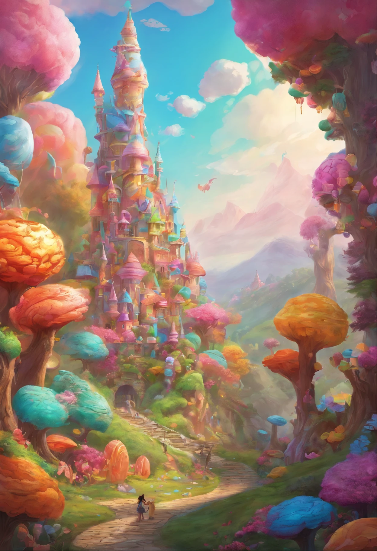 (Candy Land Explore the candy land kingdom filled with edible trees, Gum Mountain rises to dizzying heights, The road is paved smoothly, Vibrant gummy bricks.), 8k 辛烷值渲染, High detail, Masterpiece, ultra - detailed, Intricate details,