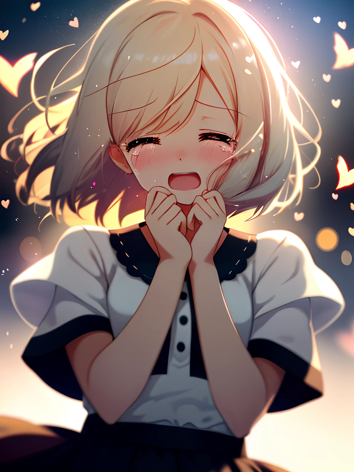 girl with, Wearing a short-sleeved skirt, Upper body, (cry: 1.1), (Open eyes: 1.2), Bright light, Background bokeh, depth of fields, Blurred background, light Particle, strong breeze, (Heart particles: 1.1)