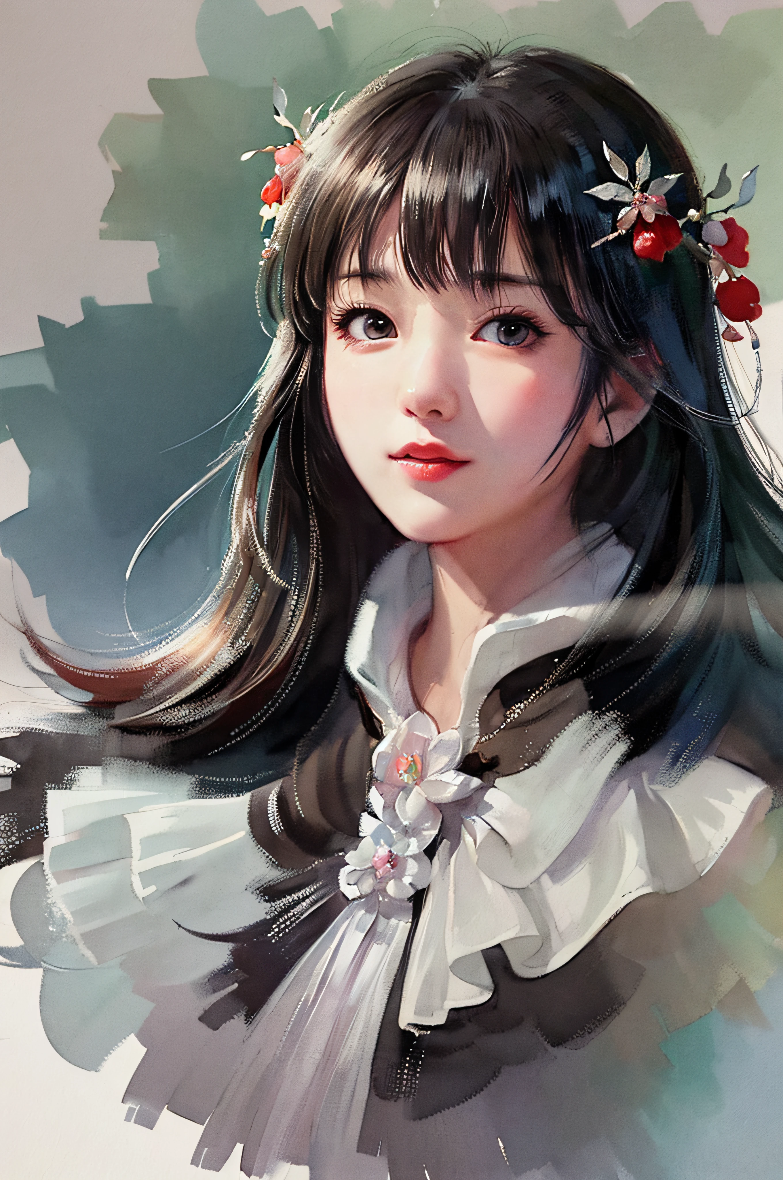 stechu,(white background:1.4), ((tachi-e)), original,(illustration:1.1),(best quality),(masterpiece:1.1),(extremely detailed CG unity 8k wallpaper:1.1), (colorful:0.9),(panorama shot:1.4),(solo:1.2), (ink splashing),(color splashing),((watercolor)), clear sharp focus,{ 1girl standing },((korean style )),flower background,outdoors,rocks, looking at viewer, make happy expressions,soft smile,pure,beautyfull detailed face and eyes,beautyfull intricacy clothing decorative pattern details, black hair,black eyes,colorwater