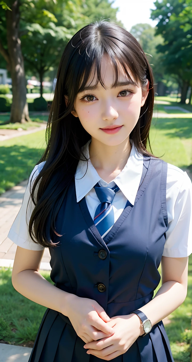 modest breasts, navy blue tie, navy blue skirt, light blue shirt, gravure idol, waterside, wet