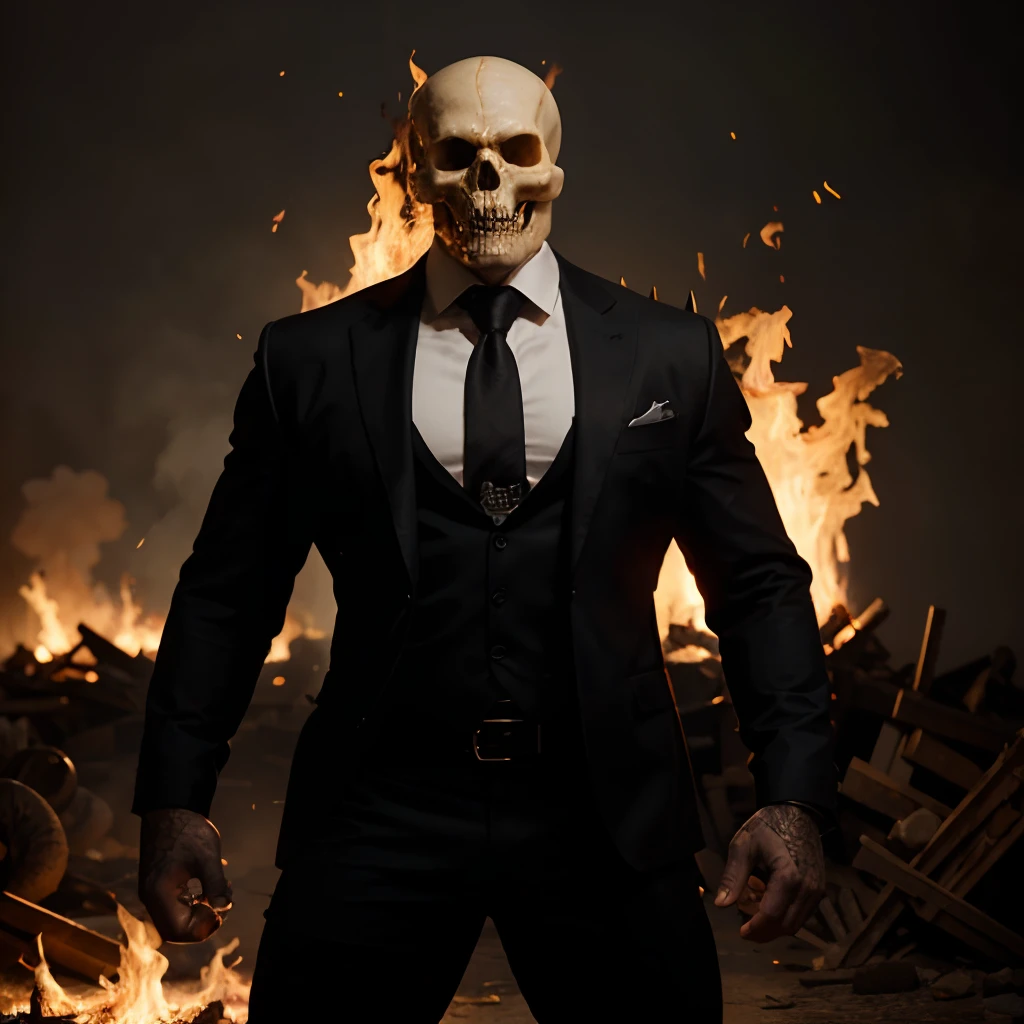 Ghost rider , muscled with huge pecs , hugge torso , huge arms , with a skull head like  with fire , in suit with a tie ans spikes