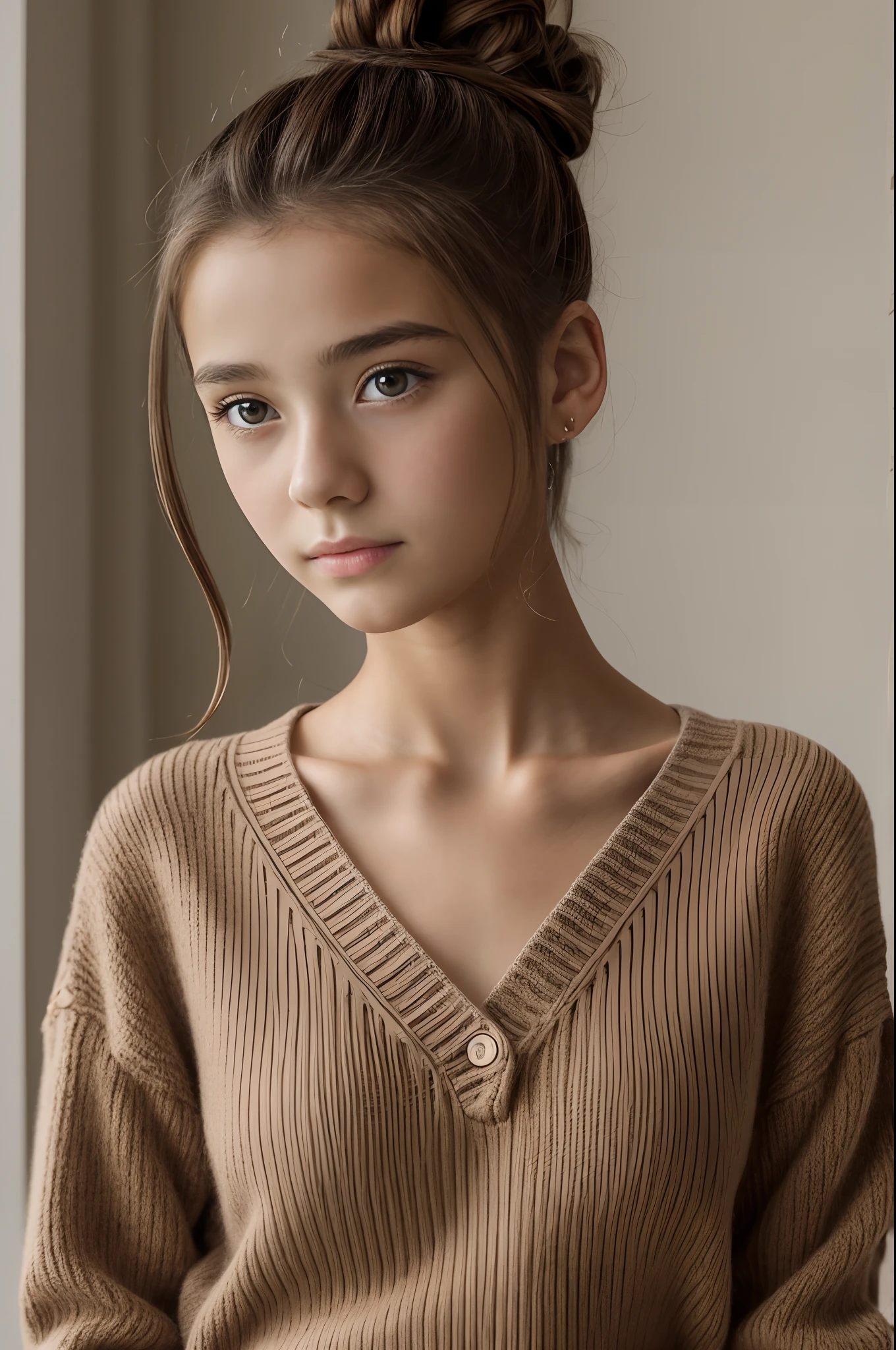 masutepiece、top-quality、hight resolution、Eleonora Pavinato, , Petite bust、Headshot of the youngest person in the room sweter z dużym dekoltem You can see small breasts Brown hair Bun hair Beautiful but small breasts