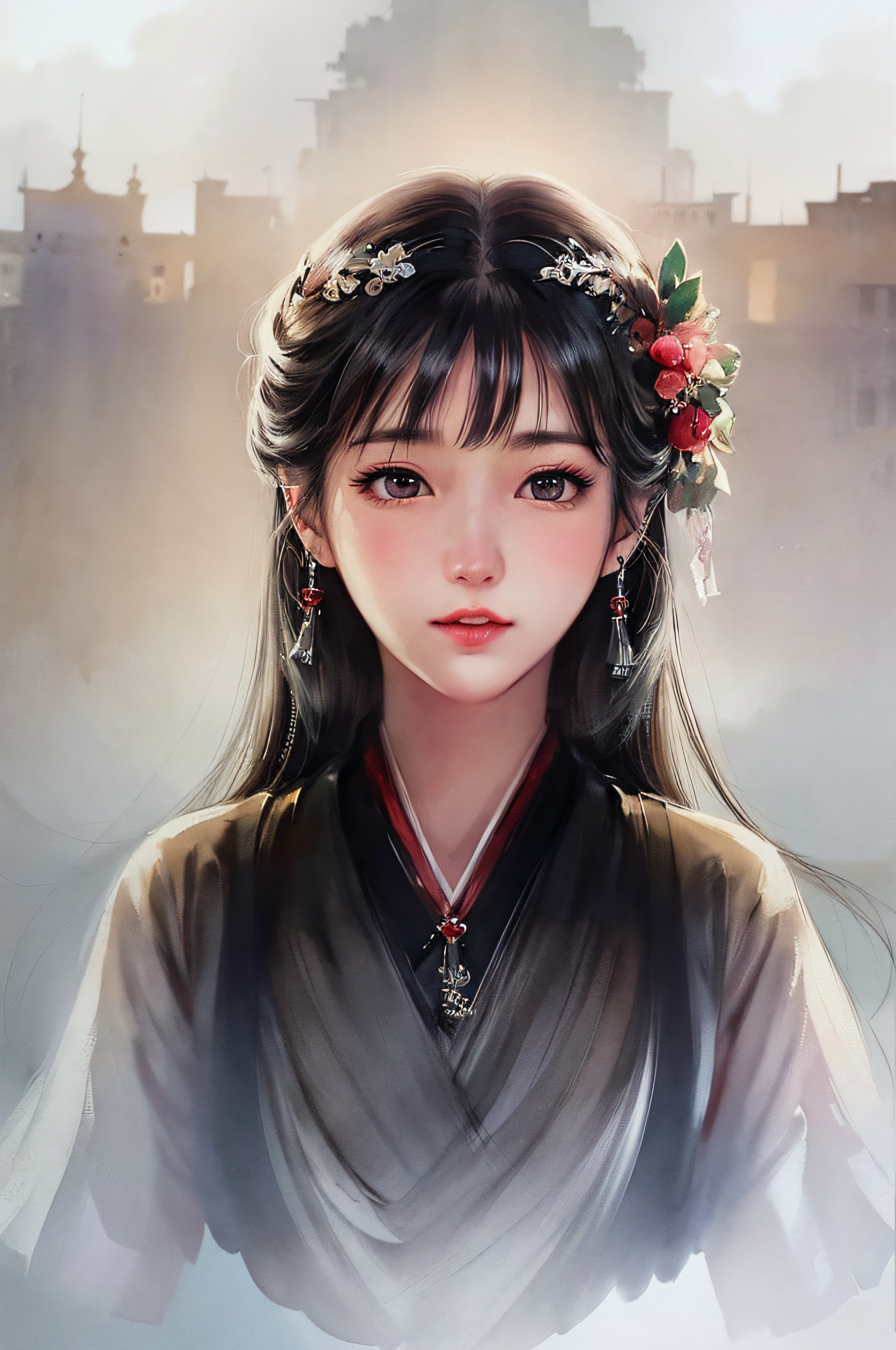 stechu,(white background:1.4), ((tachi-e)), original,(illustration:1.1),(best quality),(masterpiece:1.1),(extremely detailed CG unity 8k wallpaper:1.1), (colorful:0.9),(panorama shot:1.4),(solo:1.2), (ink splashing),(color splashing),((watercolor)), clear sharp focus,{ 1girl standing },((korean style )),flower background,outdoors,rocks, looking at viewer, make happy expressions,soft smile,pure,beautyfull detailed face and eyes,beautyfull intricacy clothing decorative pattern details, black hair,black eyes,colorwater