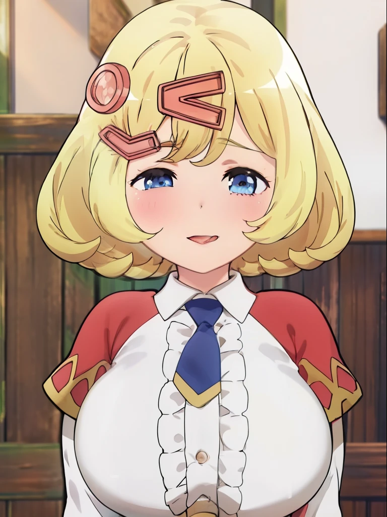 Big tits, (masterpiece, best quality:1.2),illustration,8k,hd,1girl,solo,,full body,(portrait:1.2),tongue out,short_hair,blue_eyes,blonde_hair,breasts,hair_ornament,white_shirt,hairclip,blue_necktie,long_sleeves,headgear,brown_footwear,knee_boots,pleated_skirt,center_frills,collared_shirt,