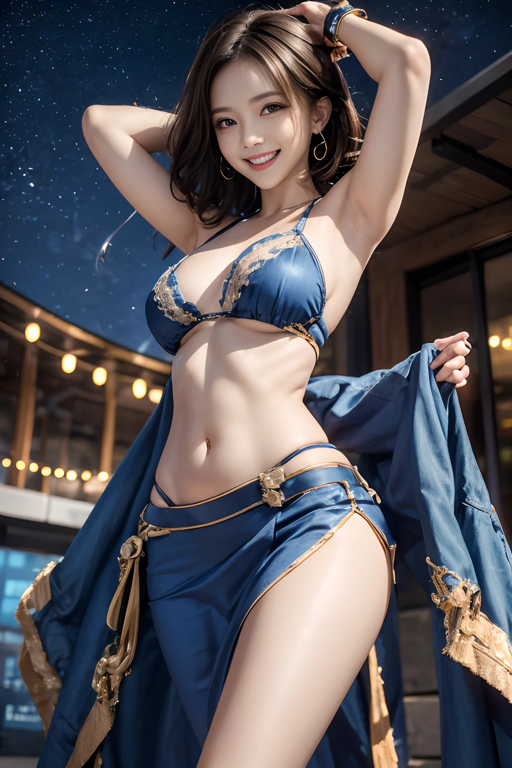 Smile full of happiness、((Looks happy:1.3))、18Slender beautiful girl、Panting face、Lacking、Sweating、Expression in a state of excitement、short-hair、eye glass、Photorealistic,High resolution,Soft light,1womanl,hips up high, Large breasts, Blue eyes, Sexy traditional costume lace, Sexy fluorescent color traditional garment with very small fabric area,、Ultra Mini、Looks Back、Navel Ejection、Wide open chest、stick out、Starry sky with lots of shooting stars in the background at night、Light on her、Fold your hands behind your head、Open the crotch、raise one leg wide