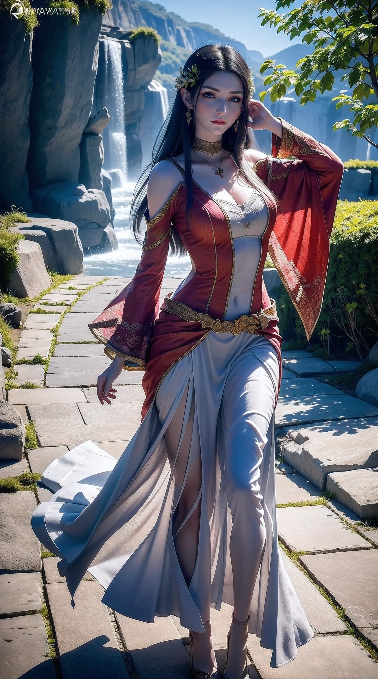 Beautiful detailed woman,very detailed eyes and faces, A detailed eye, ultra - detailed, A high resolution, The is very detailed,best qualtiy,illustratio,unified,8k 壁纸,tmasterpiece,best qualtiy,Faraway view,Telescopic shot,Great view,1girll,full bodyesbian,looki at viewer,face to the viewer,Long flowing hair,long skirt,Background with:rays of sunshine,florals,waterfallr,Gorgeous,Brilliant and colorful,Random dynamic pose,Surreal 8000 grams,Impeccable,tmasterpiece,professionalartwork,famousartwork,电影灯光,cinematicbloom,Perfect face,beautifulface,fanciful,dream magical,Not real,intricately details,delicate patterns