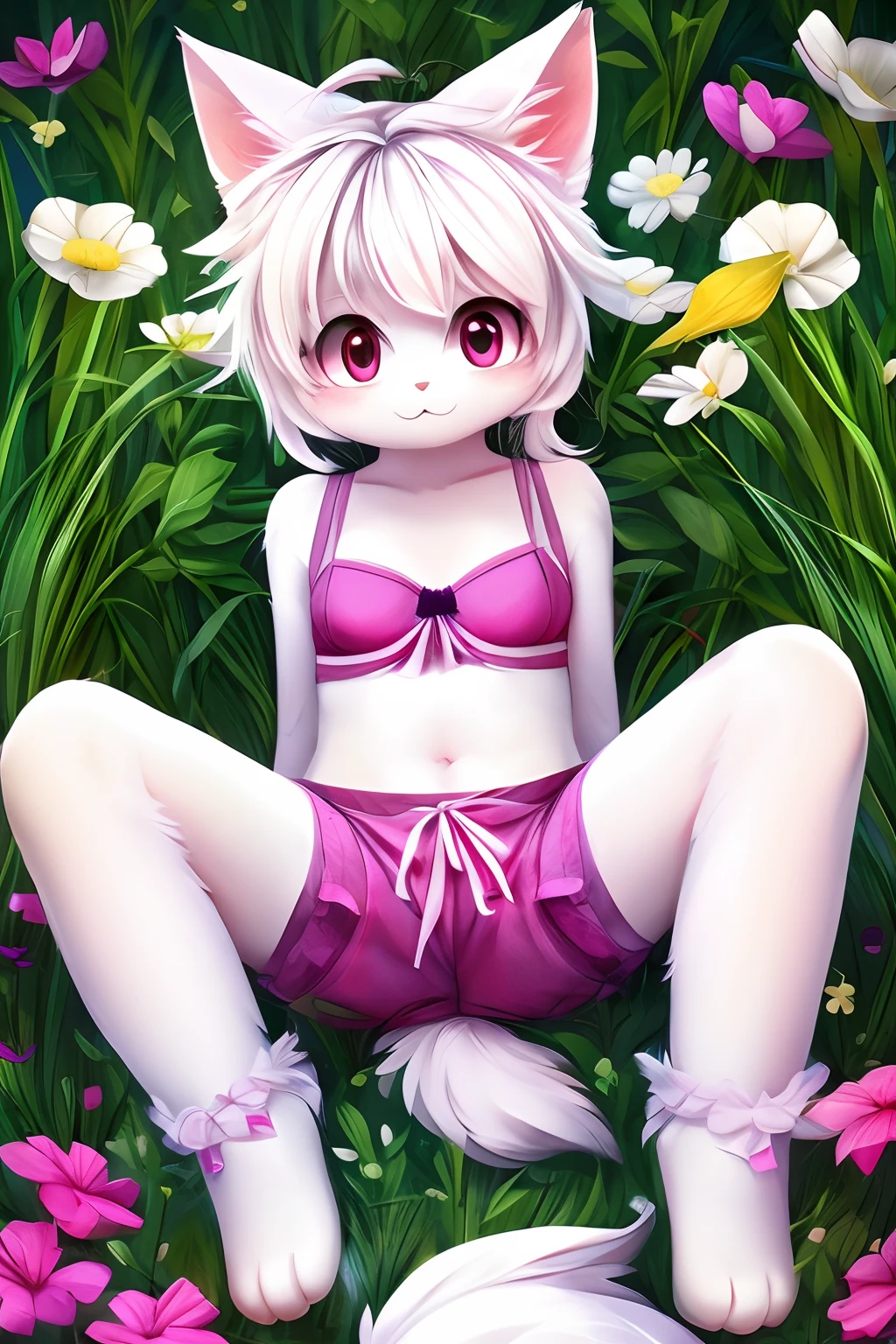 Pink pupils, White fluffy body, White furry tail, girl cat,long white hair,Exquisite wallpapers,Very cute,The popular style of the P station,One role solo,Light yellow cute fluffy little long legs, style,Blushlush,Bras made of weeds,Focus on the legs,Spread your legs to the sides,The focus is between the legs
