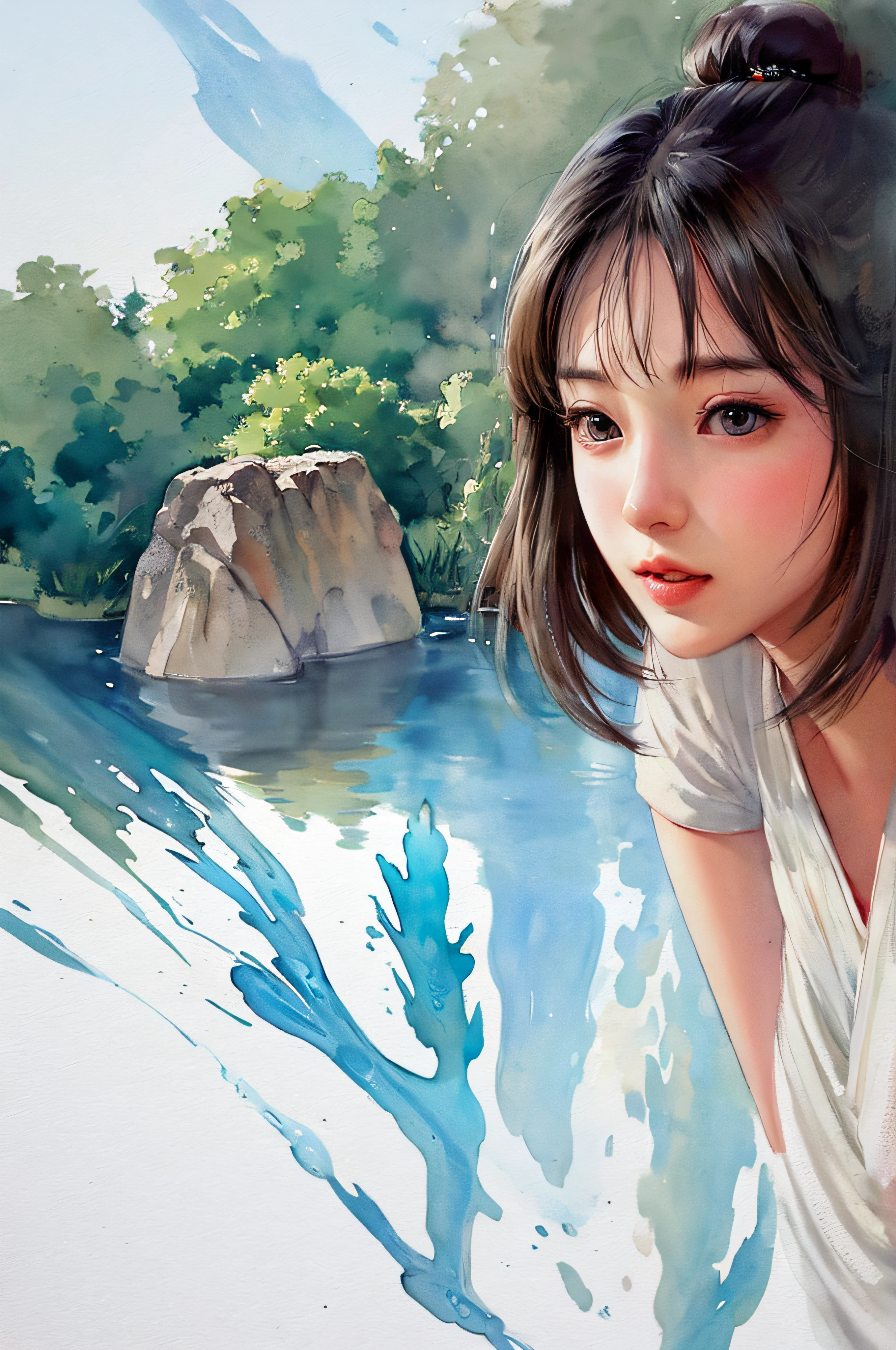 stechu,(white background:1.4), ((tachi-e)), original,(illustration:1.1),(best quality),(masterpiece:1.1),(extremely detailed CG unity 8k wallpaper:1.1), (colorful:0.9),(panorama shot:1.4),(solo:1.2), (ink splashing),(color splashing),((watercolor)), clear sharp focus,{ 1girl standing },((korean style )),flower background,outdoors,rocks, looking at viewer, make happy expressions,soft smile,pure,beautyfull detailed face and eyes,beautyfull intricacy clothing decorative pattern details, black hair,black eyes,colorwater