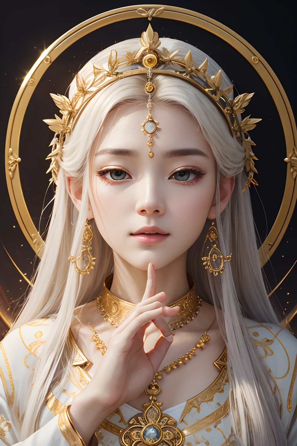 White and gold tones、heaven、top、celestial realm、sankta. Matthew Passion、renaissance、Mystical、Mature adult female、flawless、harmony、mercy、kindliness、Calmness、Highest Bit、Eos、Goddess of Eternity、eternity、dignity、solemnity、An majestic、sacredness、exalted、noble、glorias、prestige、Dazzling light、brilliance、The Breath of Life、fertility、Thanks、delight、wanting、Liberation、salvation、prosperity、reform、Lack of coldness、3-point live method、Oil Painting、Best Quality、perfect-composition、hight resolution、foco nítido、extremely high detail，Goddess 3D Portrait