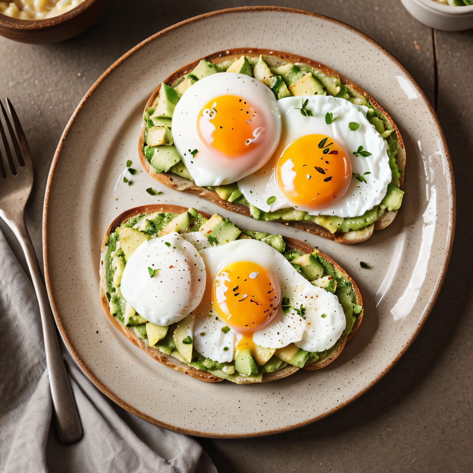 RAW photo, Avocado toast with a poached egg, foodphoto, professional colour grading, soft shadows, no contrast, clean sharp focus, foodphoto,