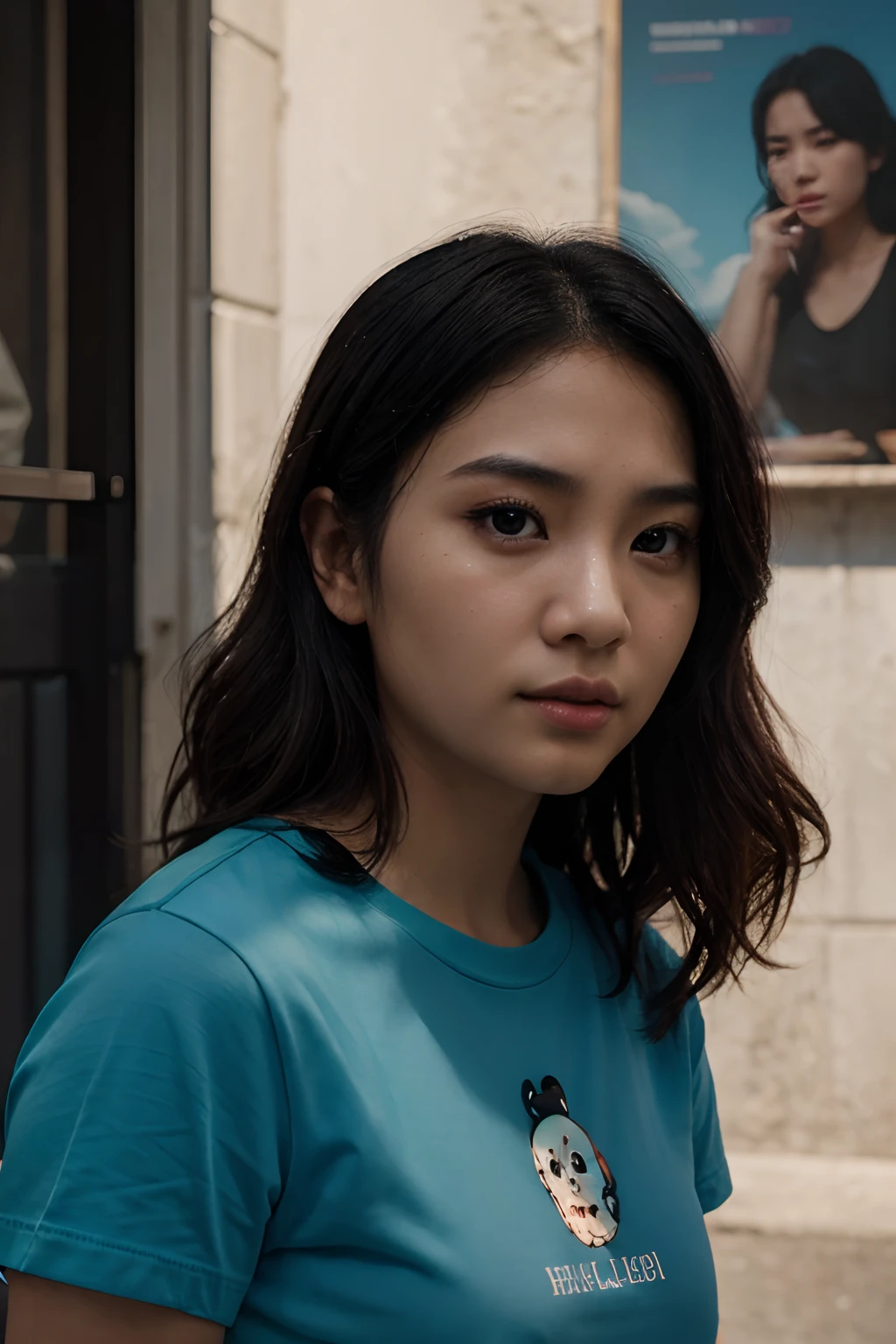 a centre portrait of a 25 year old Asian girl with fair skin, small nose, big eyes, and long curly black hair, wearing a teal blue tee. Ultra photorealism, 8k, realistic, dramatic lighting, cinematic, HD, ultra-detailed, Disney