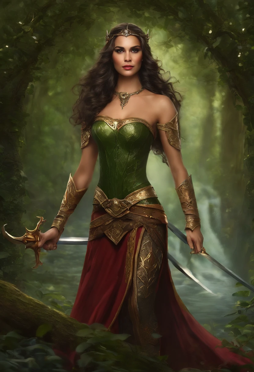 uma mulher em um traje com uma espada e uma espada, Cavaleiro elfo sedutor da princesa, Menina elfa, Elfo Feminino, elfo princesa cavaleiro, rainha elfa, Rainha elfa bonita e elegante, Princesa elfa, elfo feminino bonito e elegante, uma rainha elfa, Retrato de uma rainha elfa, elven character with smirk, Elfo Guerreiro, Menina da armadura, de um elfo de anel elden