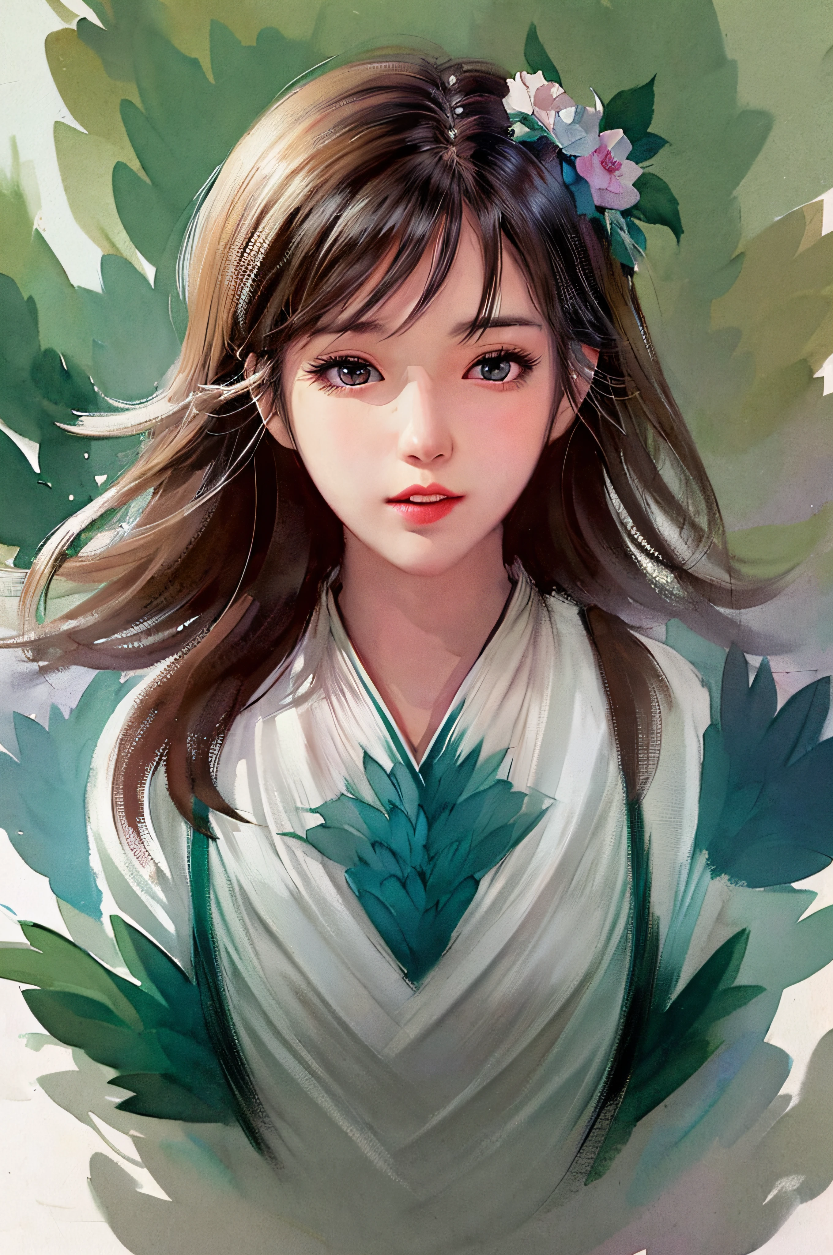 stechu,(white background:1.4), ((tachi-e)), original,(illustration:1.1),(best quality),(masterpiece:1.1),(extremely detailed CG unity 8k wallpaper:1.1), (colorful:0.9),(panorama shot:1.4),(solo:1.2), (ink splashing),(color splashing),((watercolor)), clear sharp focus,{ 1girl standing },((korean style )),flower background,outdoors,rocks, looking at viewer, make happy expressions,soft smile,pure,beautyfull detailed face and eyes,beautyfull intricacy clothing decorative pattern details, black hair,black eyes,colorwater