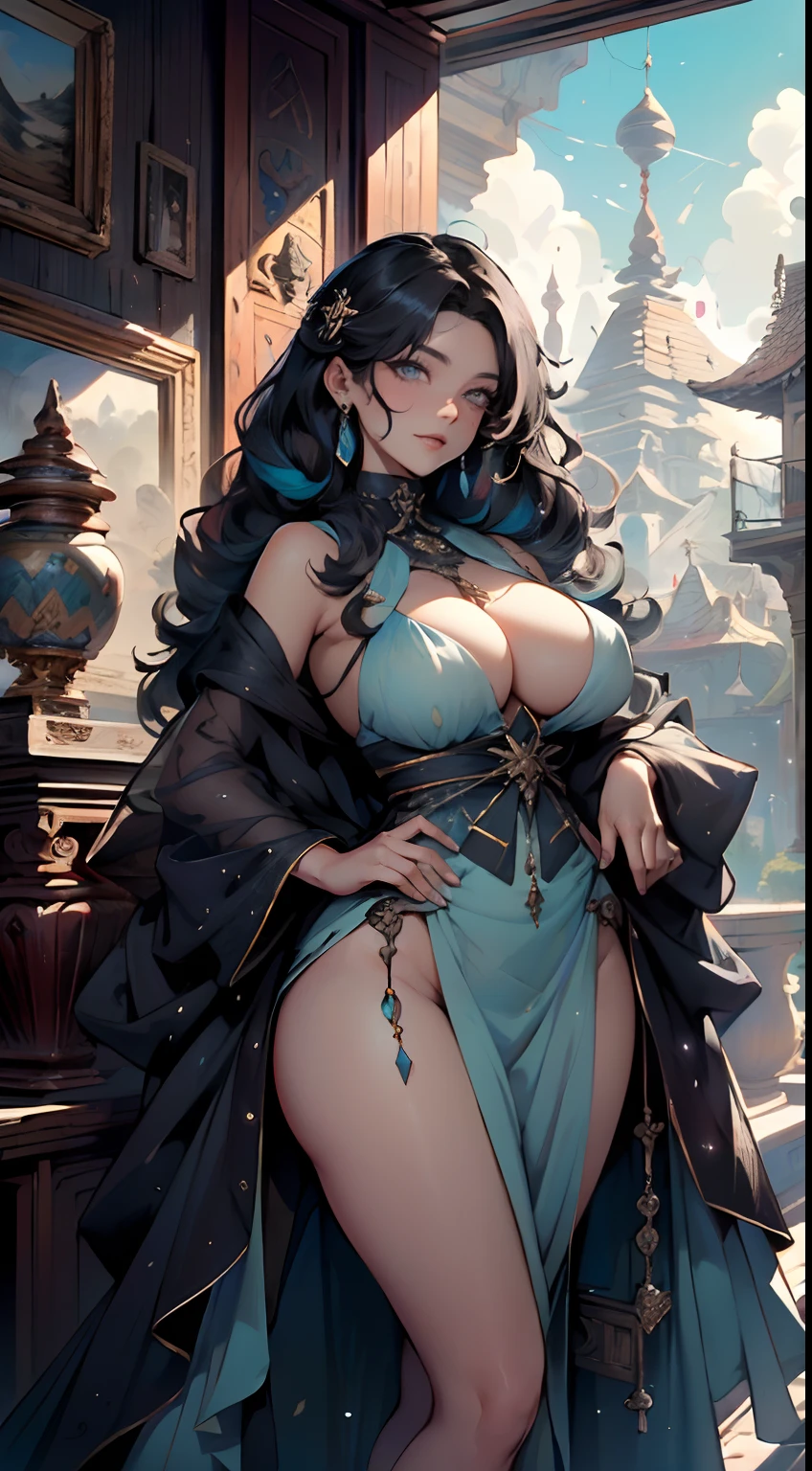 Hindu goddess, Cara seria y sexy, Tiene un rostro de belleza sobrenatural, Cabello largo azul claro, cabello azul claro, as well as light blue eyes. (Perfect anatomy) , (ojos perfectos) Su figura es extremadamente voluptuosa, pechos gigantescos, Senos pesados, Fitness cadera, tela que cubre los senos, cracked abdominal muscle, Vestido de seda gruesa aqua, large abdominal muscle,luz_azul_cabello,
Mujer,1mujer,((Milf,Mom,maduro,Mujer madura,45 years old female,adulto)),
(senos grandes:1.5),Saggy breasts,colored inner hair,((azul claro_ojos:1.3))),ojos intrincados,hermosos ojos detallados,eyes symmetrical,((((oscuro_piel:1.3,(dark skin),Piel lustrosa:1.5,piel brillante: 1.5,piel bronceada,piel brillante,piel muy brillante,cuerpo brillante,piel iluminada)))),(spider lower abdomen,cintura estrecha,cadera ancha,Cuerpo Bimbo,piernas infladas),(((Cara detallada))),
(Lindo,guarra,Sensual,mirada seductora,seductor,((erotic)),opulento,suntuoso,Longingly,((NSFW)),
Reina,diosa,fantasy,Ropa reveladora,Mostrar piel,(Beautiful Hindu Clothing),(Party Hindu Dress, vestido muy holgado):1.9, Hindu Style, vientre desnudo, hombros desnudos, pulseras doradas,Traje detallado,escote,seda,((Transparent cloth:1.5)), (((Traje intrincado,Ropa intrincada))),
(dynamic pose:1.0),cara arrogante, sonrisa arrogante,
,(centrado,Escala para ajustarse a las dimensiones,Regla de los tercios),
((bosque de pinos nevados por la noche)), con nubes oscuras y tormentosas,invierno,paisaje:1.25,((Fondo del bosque nevado)),christmas tree,
Altas Resoluciones,foco nítido,(Ultra detallado,extremadamente detallado),(Ilustraciones fotorrealistas:1.37),(fondo de pantalla CG 8k extremadamente detallado),(((colores vibrantes,Tema vibrante))),(intrincado),(Obra maestra),(La mejor calidad),