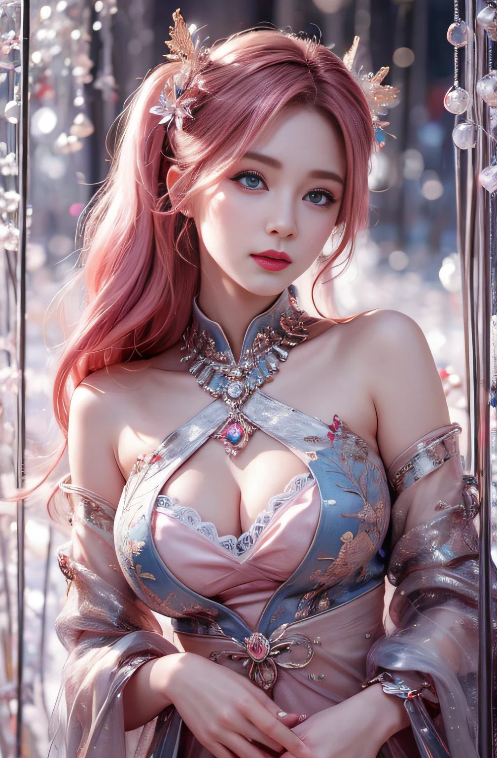 best quality, ultra high res, (photorealistic:1.4), (detailed beautiful girl:1.4), (medium breasts:0.8), looking_at_viewer, Detailed facial details, beautiful detailed eyes,pink hair, blue eyes, slender, haunting smile, (makeup:0.3), red lips, highly detailed clothes, (ulzzang-6500-v1.1:0.3)