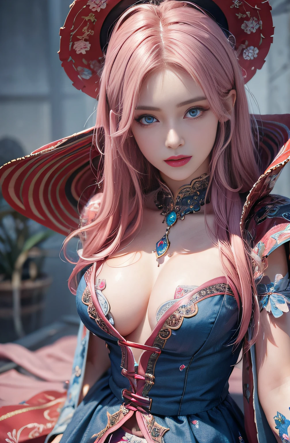 best quality, ultra high res, (photorealistic:1.4), (detailed beautiful girl:1.4), (medium breasts:0.8), looking_at_viewer, Detailed facial details, beautiful detailed eyes,pink hair, blue eyes, slender, haunting smile, (makeup:0.3), red lips, highly detailed clothes, (ulzzang-6500-v1.1:0.3)