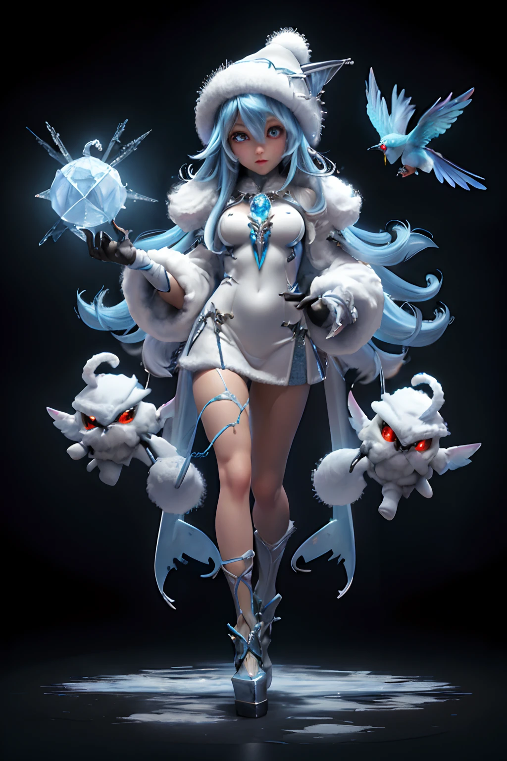 Full body standing), Full body shot 、Fluffy costumes,、She wears white fluffy clothes,Queen with beautiful winter face in severe cold、 Fluffy hat, Ice World, And the ice pendant.、Portraits of characters from Night Elf Warden World of Warcraft, A hyper-realistic, Wide Angle, Intricate details, Blade Runner artifacts, , masutepiece, Absolutely perfect, stunning images, Visually rich, Intricately detailed, Concept art, by Emsifer, Luminescent holographic, Cinematic, UHD Wallpapers, 。.。.。.。.3D, Octane Render, Volumetric Lights, Full body,Scientist in a suit、Pixel 90s character with hummingbird, The gear and its brain and background clock are futuristic、Many top anime characters are running ,Cute monster little bulldozer in the shape of big little robot, full body Esbian。.。.。.3D Animation, Anime Monsters