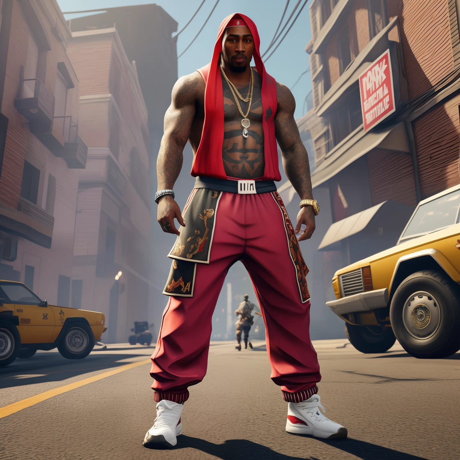 a man in a red bandana standing in the middle of a street, 9 0 s cgi, tupac, tupac shakur, rap album cover, rap album cover art, snoop gta v, front cover of a new video game, snoop dogg as a barbarian, 8k resolution. tupac, as a fortnite character, epic album art cover, thicc --auto --s2