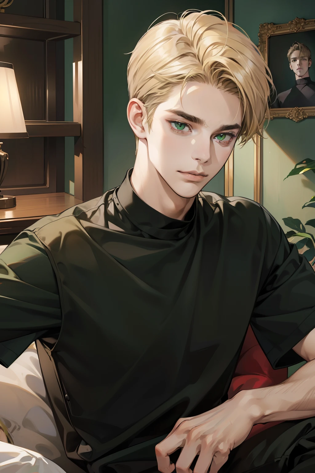 masutepiece, Best Quality, Realistic, 1man, matured male, Quiet and charming young man, 18 years old, a smirk, Closed mouth, Portrait, extra detailed face, A little far, ((Dark green eyes)), ((Short Side Sweep Sandy Blonde Hair)), [Thick eyebrows], livingroom, ((Black shirt)), Sitting