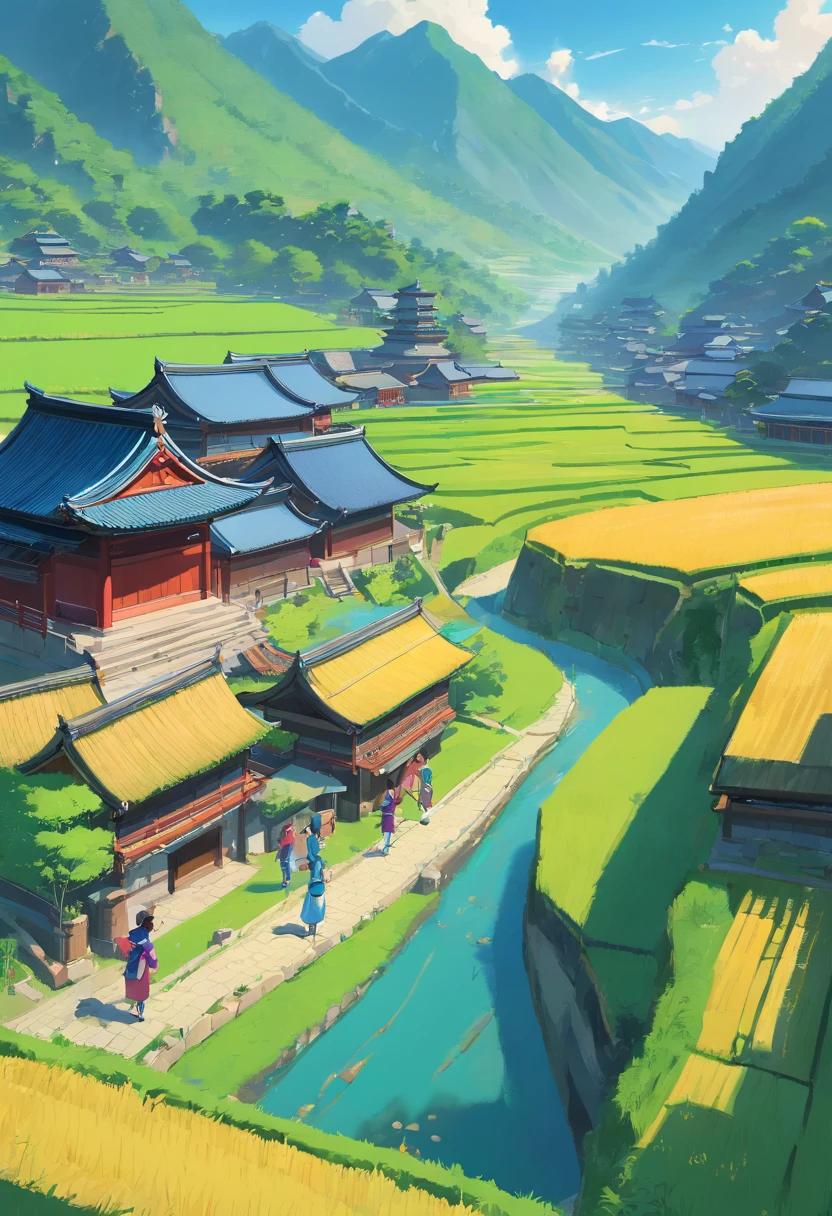 In the mountain village,Green rice paddies、Blue creek、Colorful Zhuang costumes and drum towers。People are busy preparing for the March 3 celebrations。Abu and Aoi help prepare in the village square。