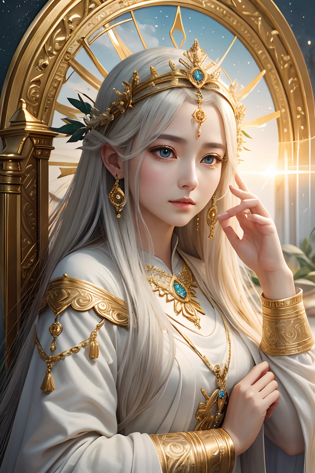 White and gold tones、heaven、celestial realm、sankta. Matthew Passion、rokoko、Mystical、Mature adult female、flawless、harmony、mercy、kindliness、Calmness、Highest bit、Goddess of Eternity、eternity、dignity、solemnity、An majestic、sacredness、exalted、noble、glorias、honor、Dazzling light、brilliance、The Breath of Life、Thanks、delight、wanting、Liberation、salvation、reform、Lack of coldness、3-point live method、Oil Painting、Best Quality、perfect-composition、hight resolution、foco nítido、extremely high detail,Goddess 3D Portrait