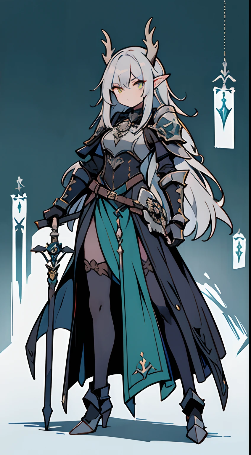 tarot card design, flat color, solo, gothic, Neogothic, full body, long ears, woman, grey skin, long hair reaching lower back, dark blue-grey hair, warlock, worn cloak, metal armor plates, metal gauntlets, metal spiky shoulder pads, metal greaves, stag skull bone helmet, covering face, wielding green magic in right hand, holding staff in left hand