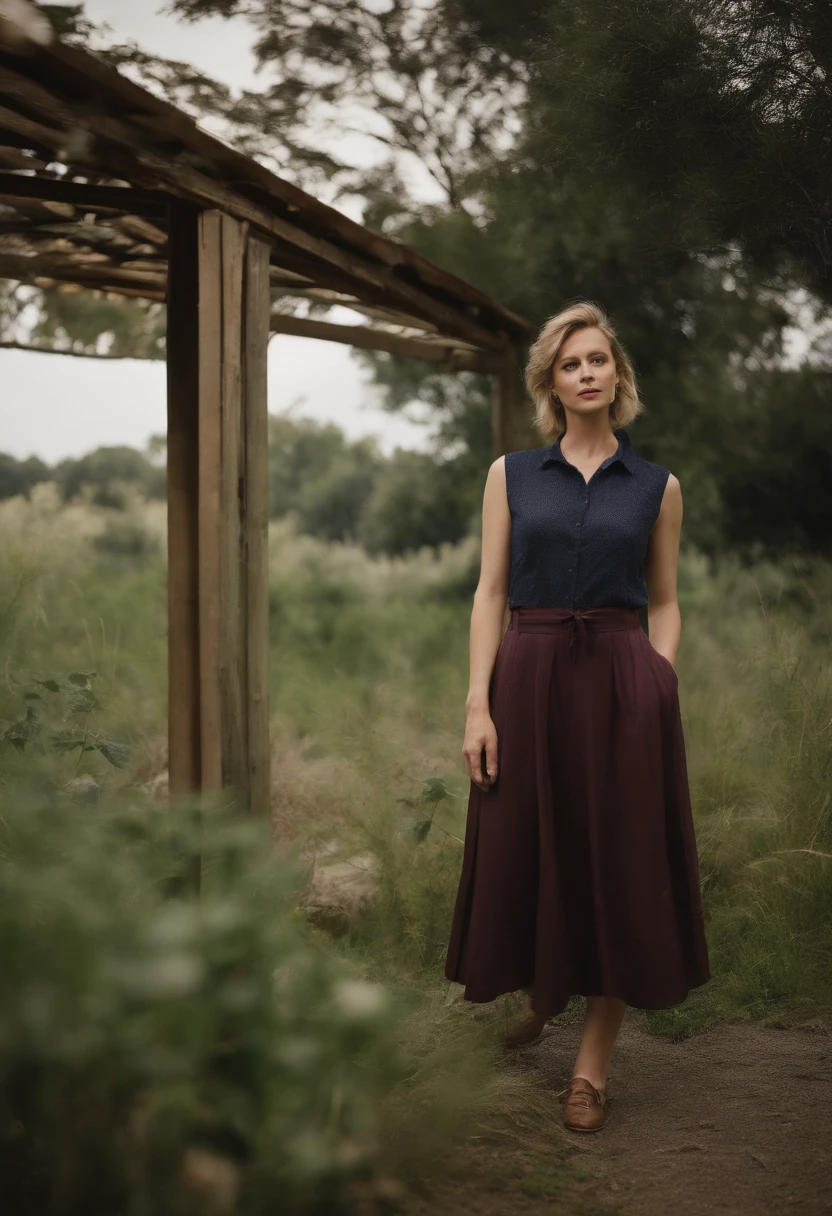 (masterpiece, best quality), 1girl, Slate Short Pixie Cut, Size H breasts, Medium blue Collared button-up blouse with a tied bow detail. and Pleated culottes, kneehighs, Crouching on the ground