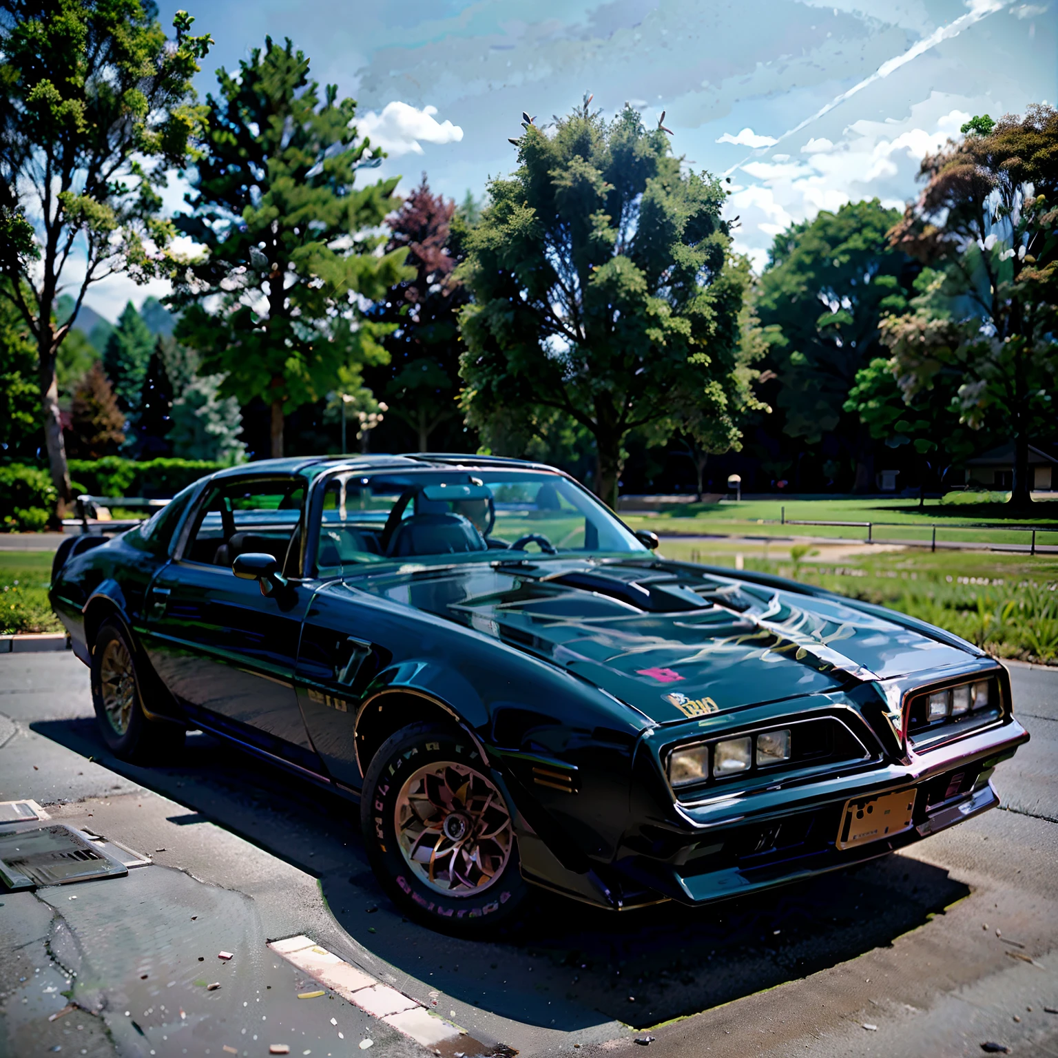 arafed light blue pontiac car parked in a parking lot with trees in the background, the last v 8 interceptor, de tomaso, muscle cars, a wide full shot, 1985 vector w8 twin turbo, scimitar, 1980 cars, falcon, chevy, pontiac, sharp front bumper, cone bumber