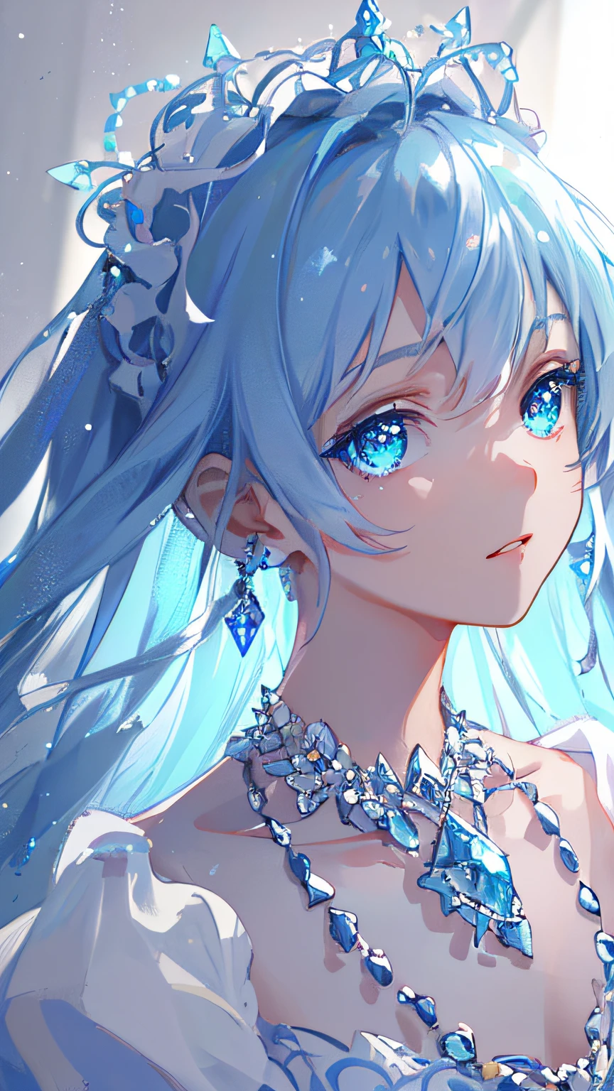 masterpiece, best quality, illustration, sax blue, platinum earrings, platinum necklace, white dress, 1girl, cute, (dynamic lighting:1.2), cinematic lighting, delicate facial features, detailed eyes, sharp pupils, realistic pupils, depth of field, bokeh, sharp focus, (hyper-detailed, bloom, glow:1.4), many small gems