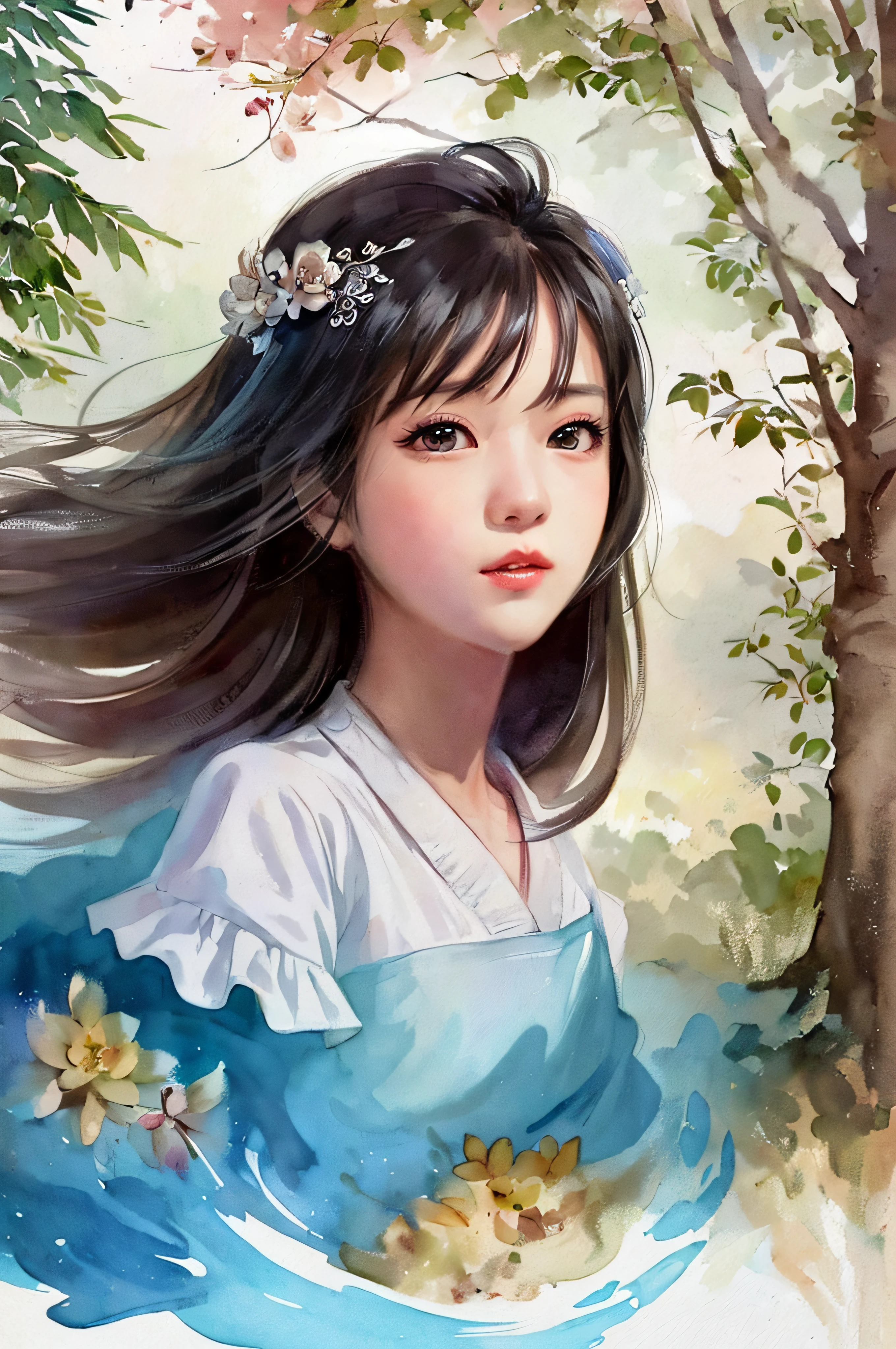 stechu,(white background:1.4), ((tachi-e)), original,(illustration:1.1),(best quality),(masterpiece:1.1),(extremely detailed CG unity 8k wallpaper:1.1), (colorful:0.9),(panorama shot:1.4),(solo:1.2), (ink splashing),(color splashing),((watercolor)), clear sharp focus,{ 1girl standing },((korean style )),flower background,outdoors,rocks, looking at viewer, make happy expressions,soft smile,pure,beautyfull detailed face and eyes,beautyfull intricacy clothing decorative pattern details, black hair,black eyes,colorwater