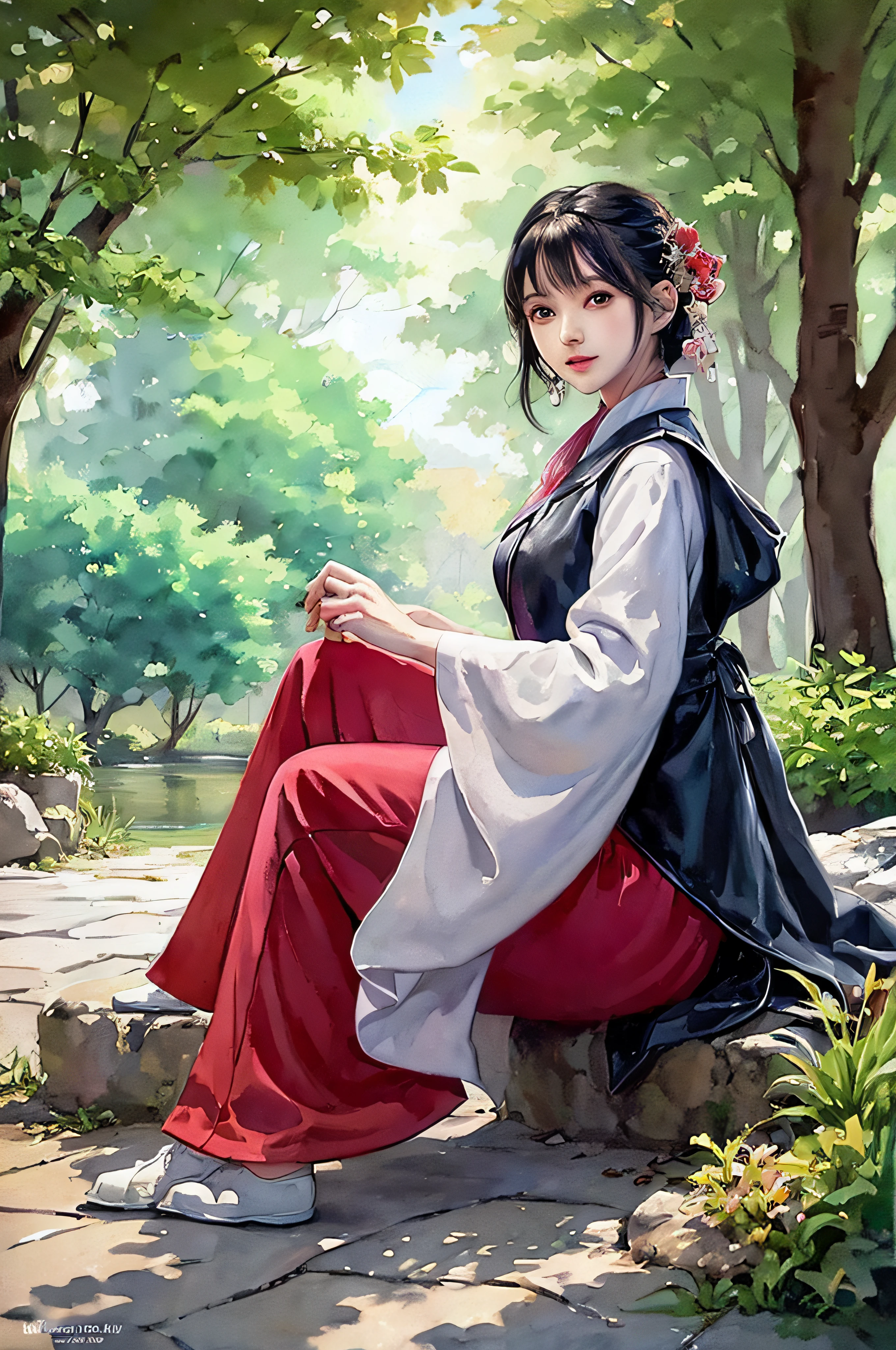 stechu,(white background:1.4), ((tachi-e)), original,(illustration:1.1),(best quality),(masterpiece:1.1),(extremely detailed CG unity 8k wallpaper:1.1), (colorful:0.9),(panorama shot:1.4),(solo:1.2), (ink splashing),(color splashing),((watercolor)), clear sharp focus,{ 1girl standing },((korean style )),flower background,outdoors,rocks, looking at viewer, make happy expressions,soft smile,pure,beautyfull detailed face and eyes,beautyfull intricacy clothing decorative pattern details, black hair,black eyes,colorwater