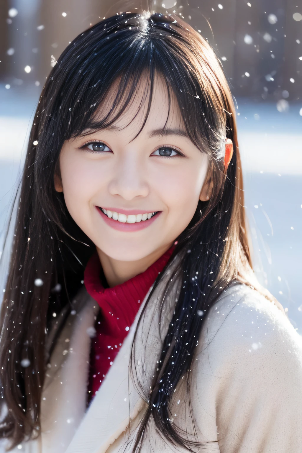 ((Show face only、Close-up of face))、(realisitic、Photorealsitic、ultra-detailliert、Highest Details Skins、top-quality、masterpiece、超A high resolution)、Cute Japan Woman、、hi-school girl、younggirl、Thin makeup、1 girl in、I have bangs、二重まぶた、drooing eyes、Large black eyes、Japanese style face、ssmile、Charming、purity、Cute smile、double tooth、View here、Realistic skin type、Thick muffler、Grey muffler、fluffy hair、Hair is curled、Red cheeks、The wind is blowing、It's snowing、Lighting from behind