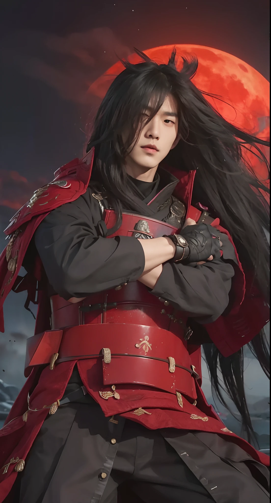 Real life adaption of this character, Korean handsome face, gentleman expression, realistic same hair , realistic same outfit wear red iron armor like samurai outfit, realistic red moon background, hyper realistic, realistic light, realistic shadow, realism,(photorealistic:1.2)