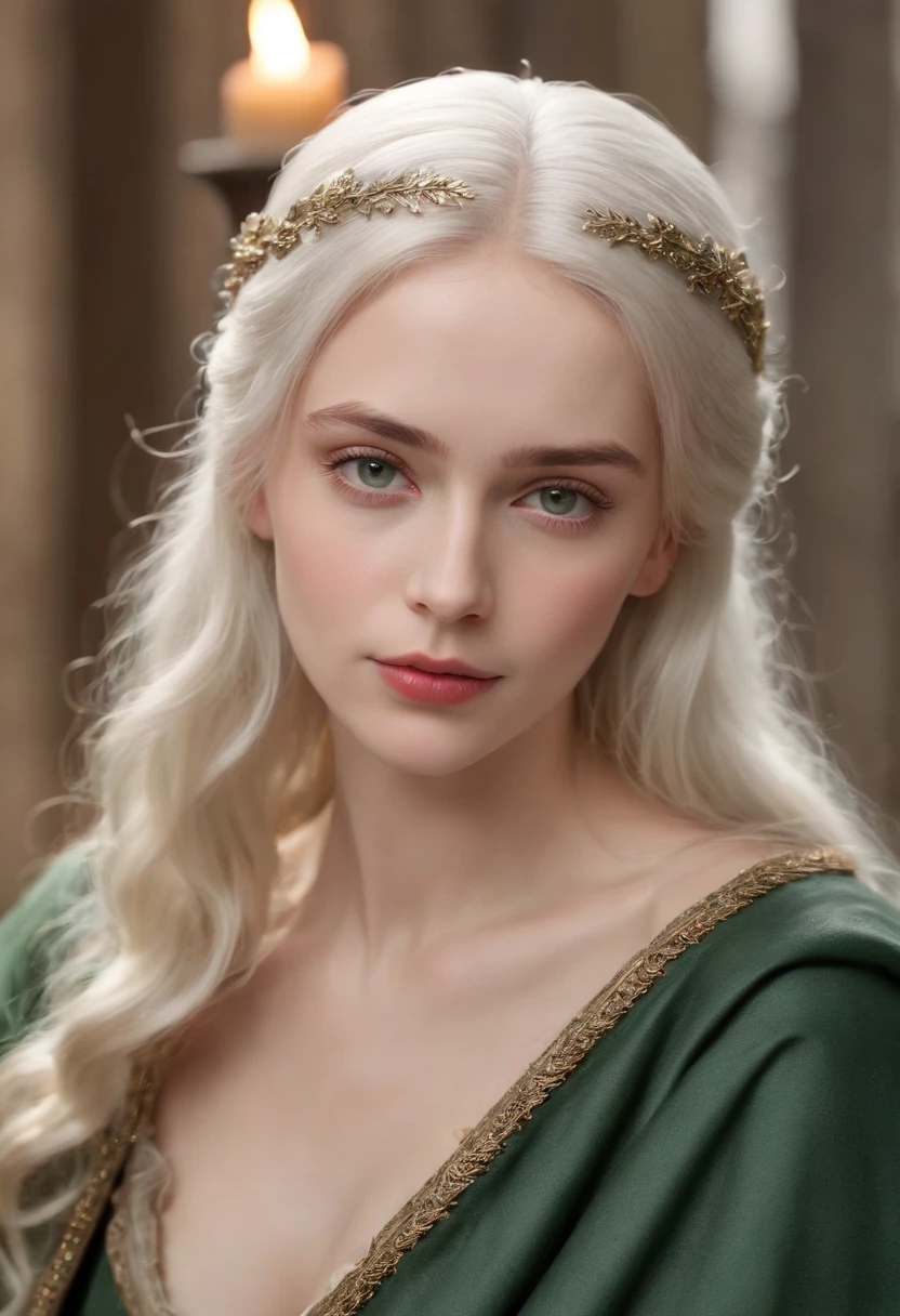 (best quality,4k,highres,masterpiece:1.2),ultra-detailed,(realistic,photorealistic,photo-realistic:1.37),pale skin,19-year-old woman,natural white hair,distinguishing green eyes,wearing a cloak,slim and graceful,beautiful,candlelight with a medieval ambiance,super sharp focus,real shot,medieval women's clothing,tertiary colors,scar:1.4