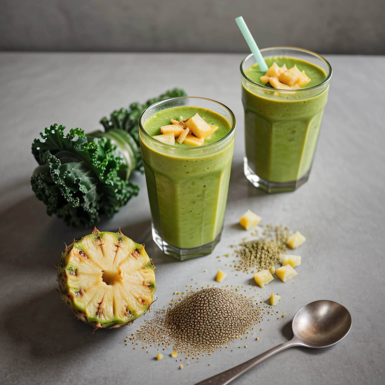 RAW photo,  Smoothie with kale, pineapple, and flax seeds, foodphoto, professional colour grading, soft shadows, no contrast, clean sharp focus, foodphoto,